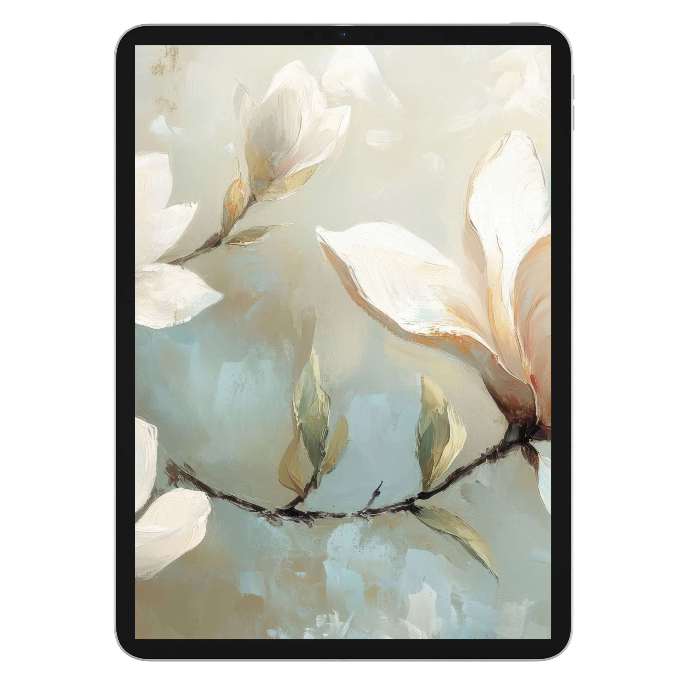 Elegant tree iPad wallpaper featuring delicate white blooms with soft brush strokes digital download for tablet background elegance