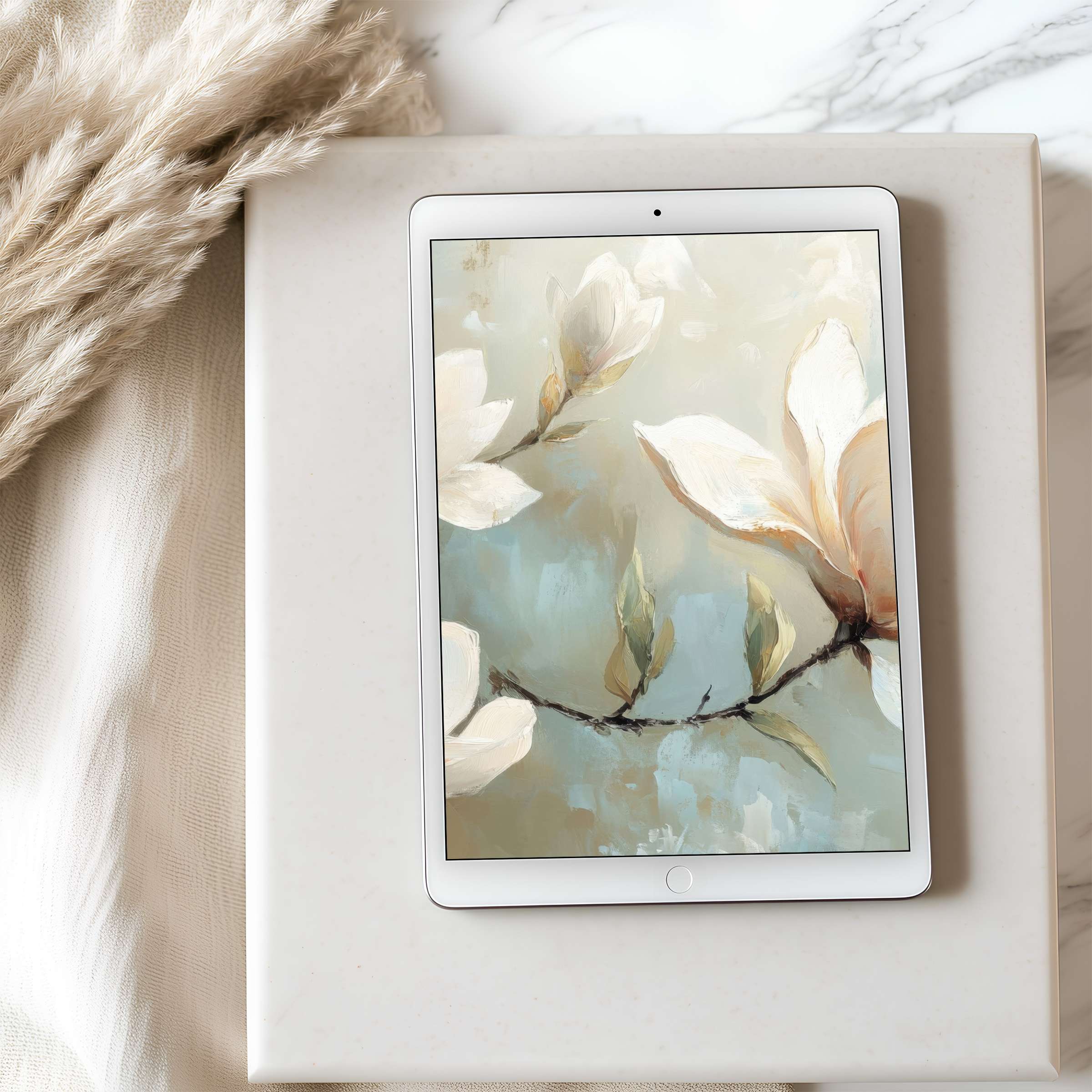 Elegant floral tablet wallpaper featuring soft pastel magnolias on iPad, offering tranquility and high resolution for digital download