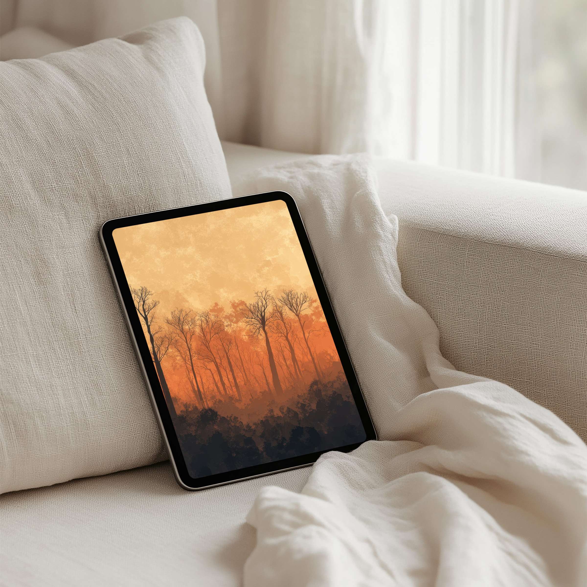 Elegant sunset landscape on iPad background offering instant download for tablet users seeking calm and aesthetic inspiration