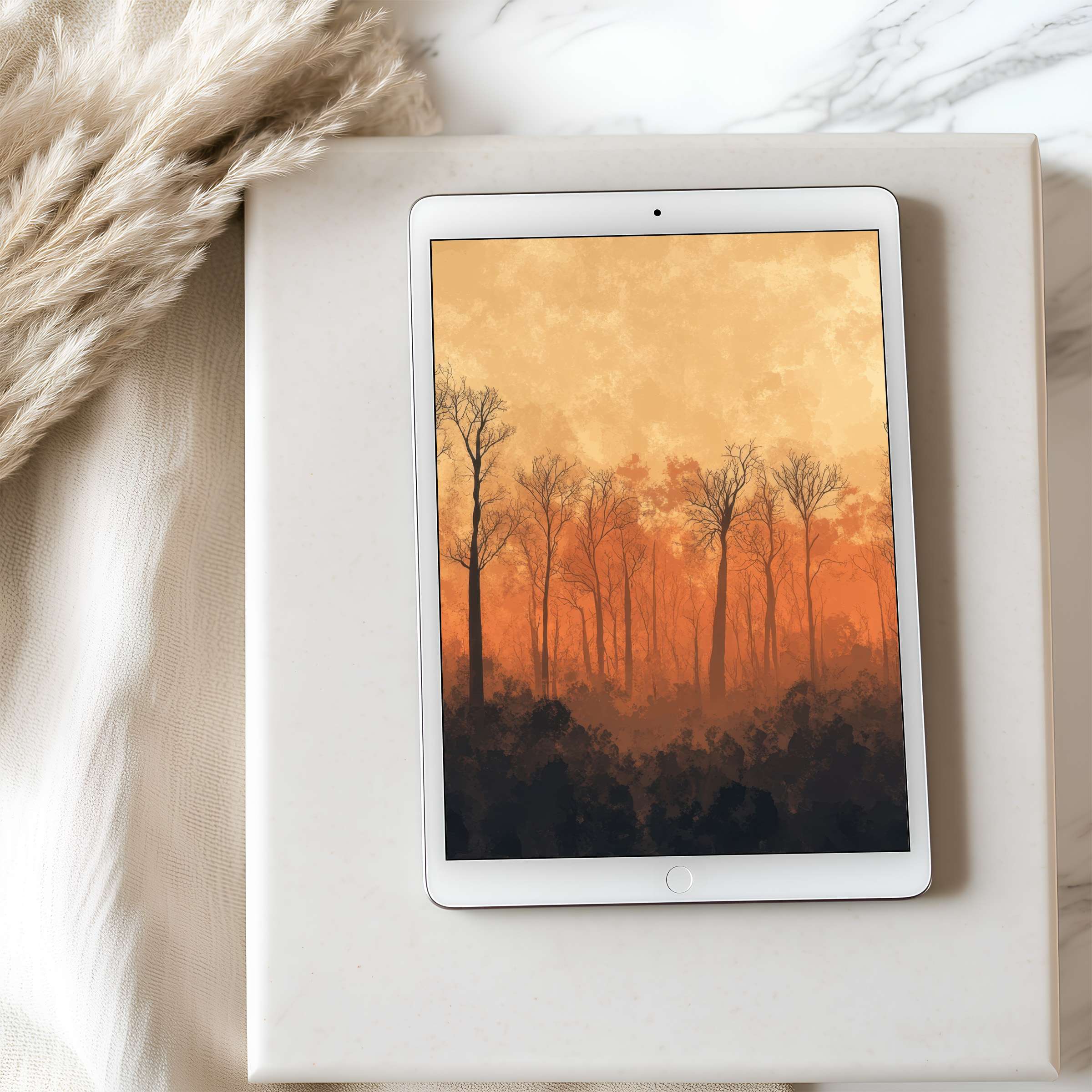 Elegant sunset forest tablet wallpaper, high resolution digital art, ideal for iPad and Android tablets, inspiring serene ambiance