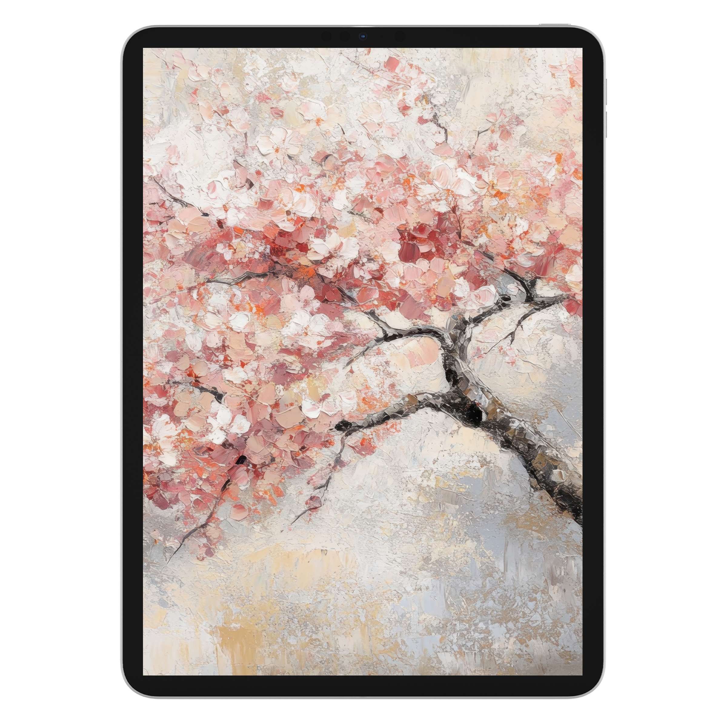 Elegant tree iPad wallpaper with textured pink blossoms, perfect digital download background for tablet serenity and style