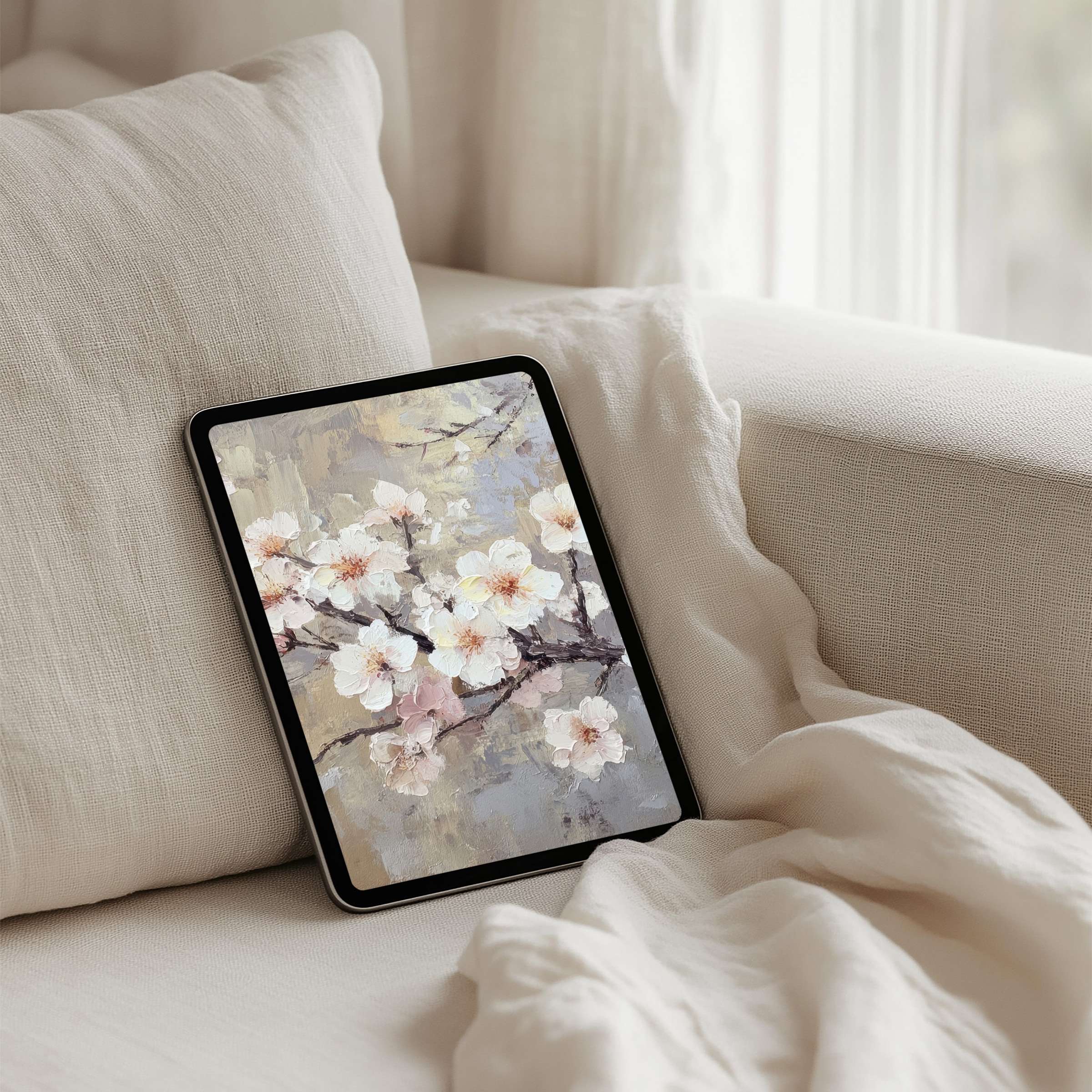 Elegant cherry blossom iPad background for instant download, enhancing your tablet decor with serene, artistic inspiration
