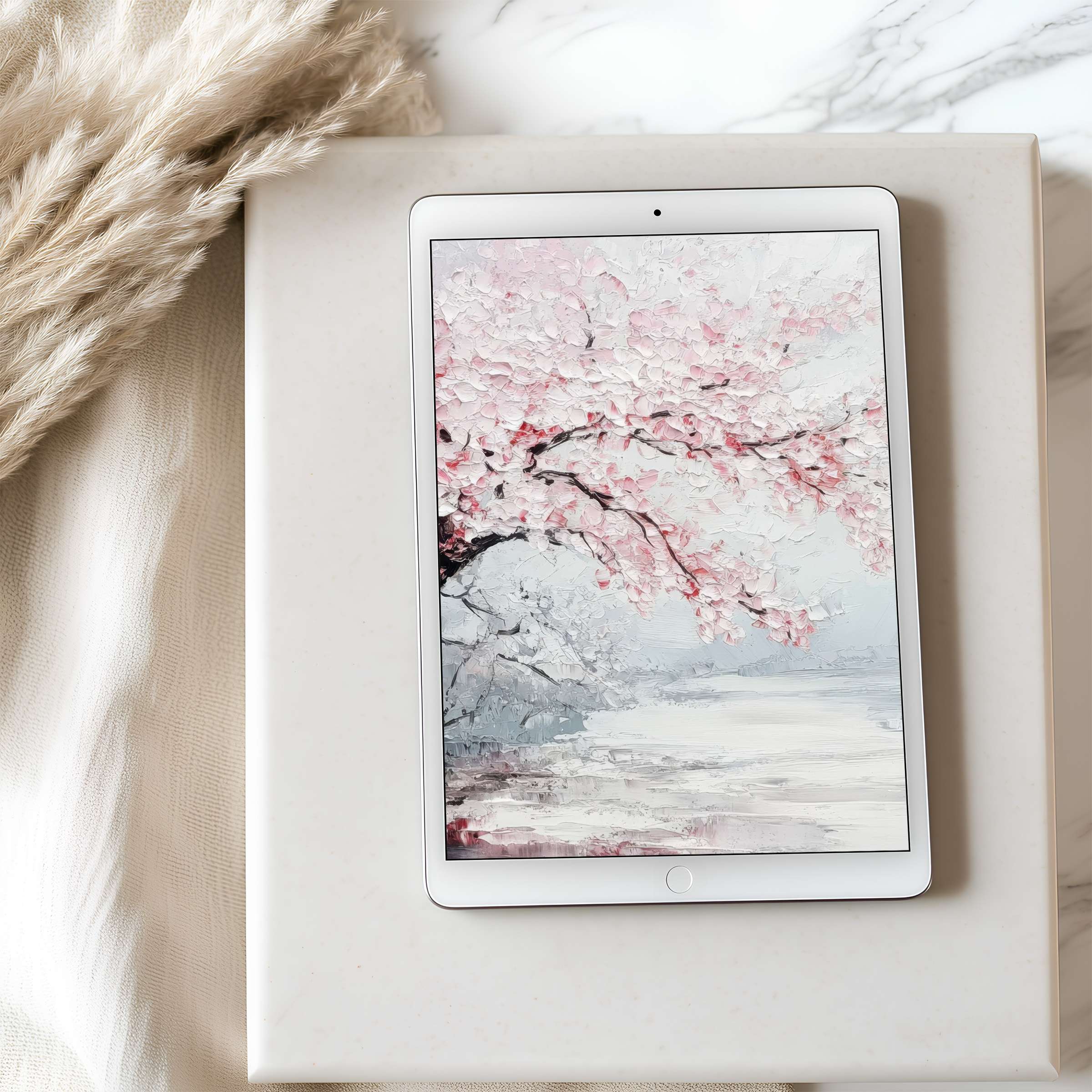 Soft pink floral tablet wallpaper art on iPad, blending elegance and calm, ideal high resolution digital download for serenity seekers