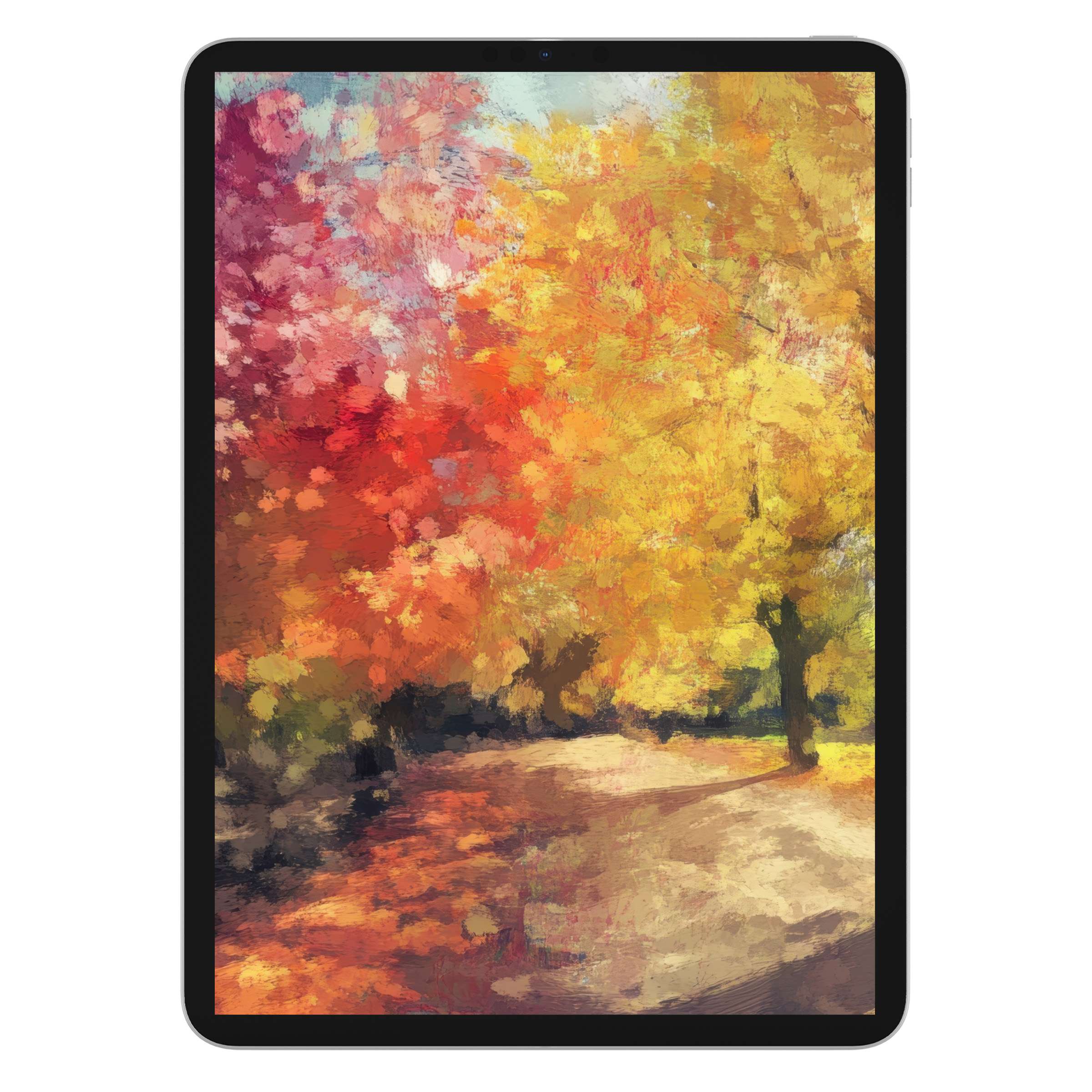 Digital download of vibrant autumn scene in impressionist style tree iPad wallpaper, ideal tablet background for serene elegance