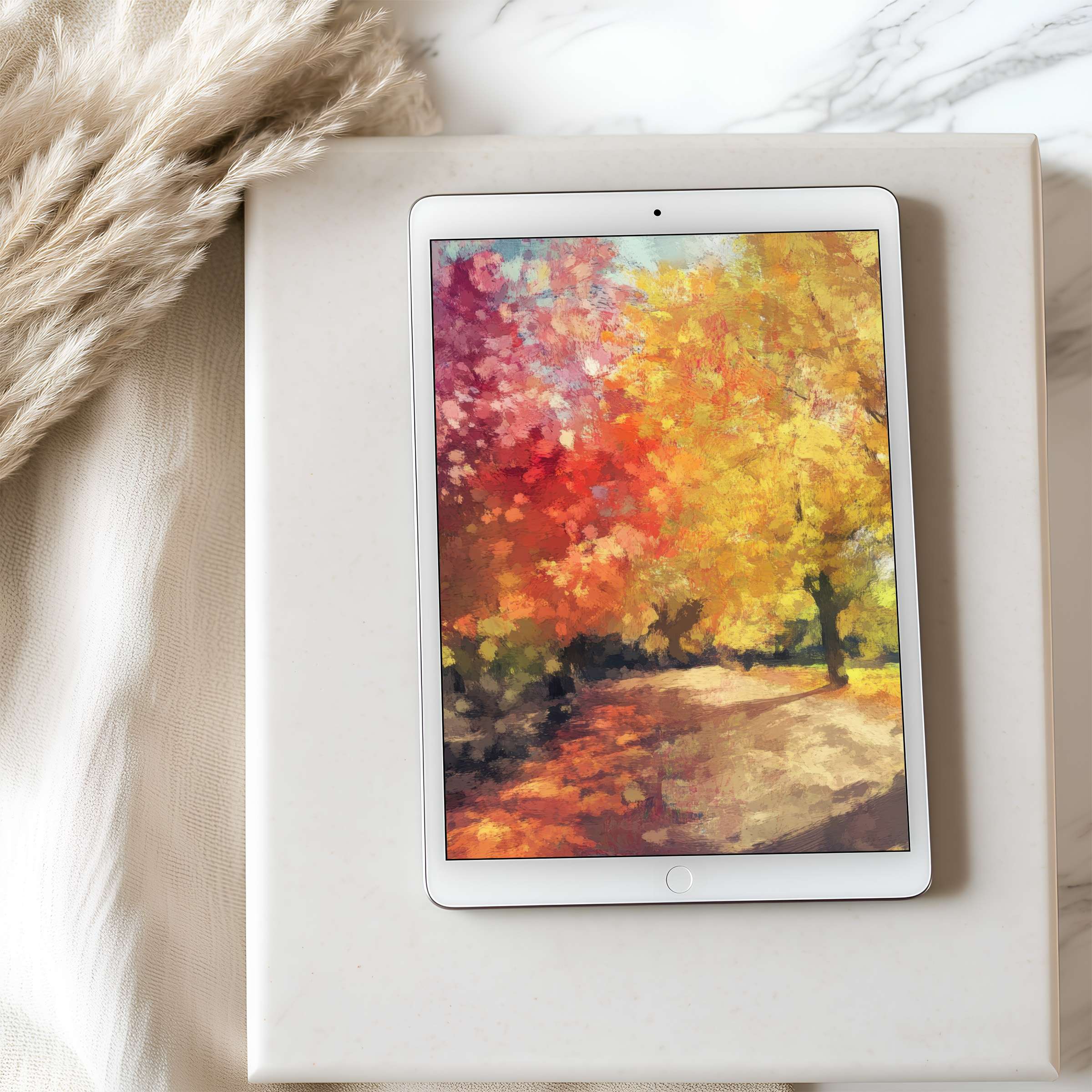 Autumn-inspired tablet wallpaper featuring vibrant fall colors brings serenity to your iPad and Android tablets with high-resolution download