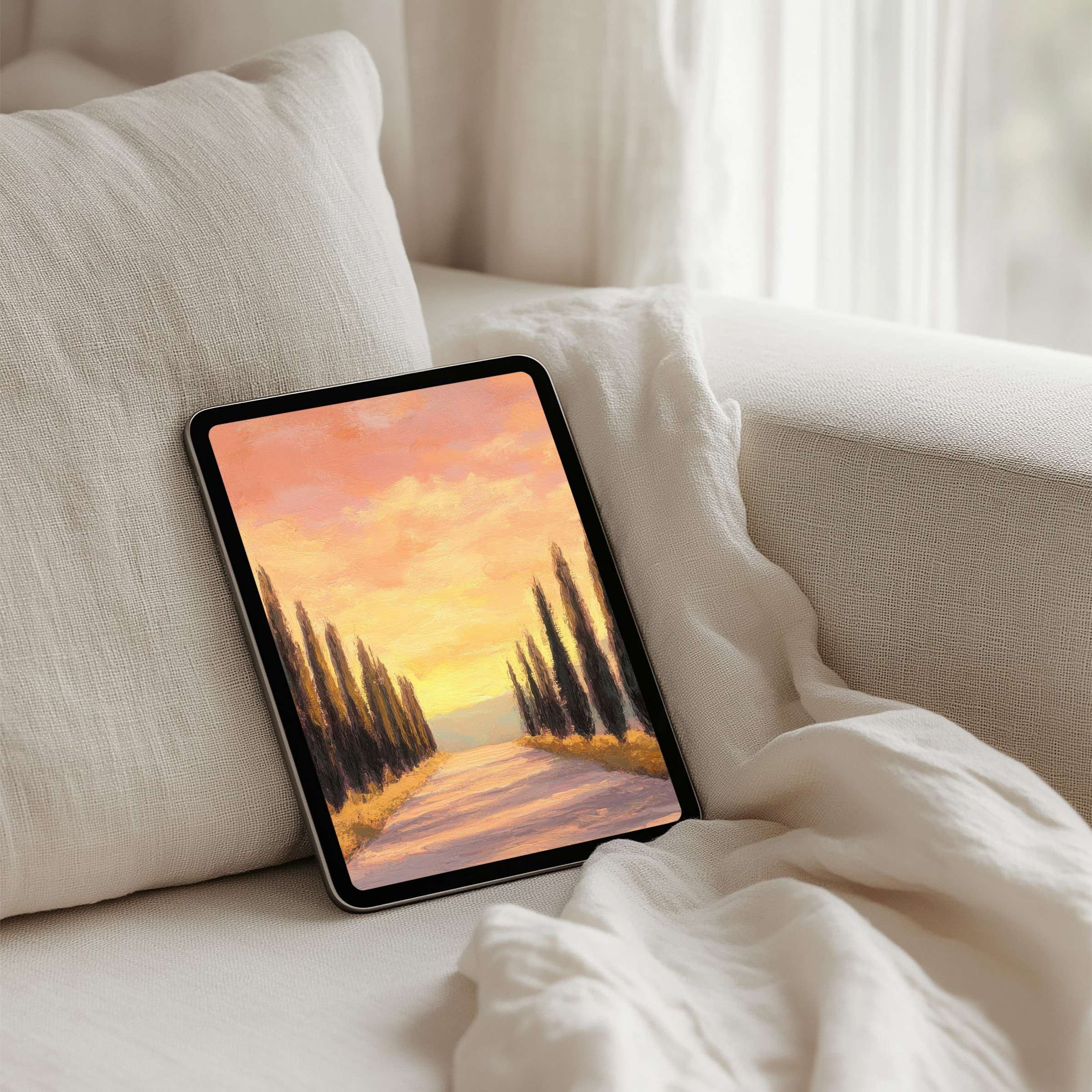 Serene iPad background featuring a sunset over a cypress-lined path offers instant download for any tablet enhancing calm and elegance