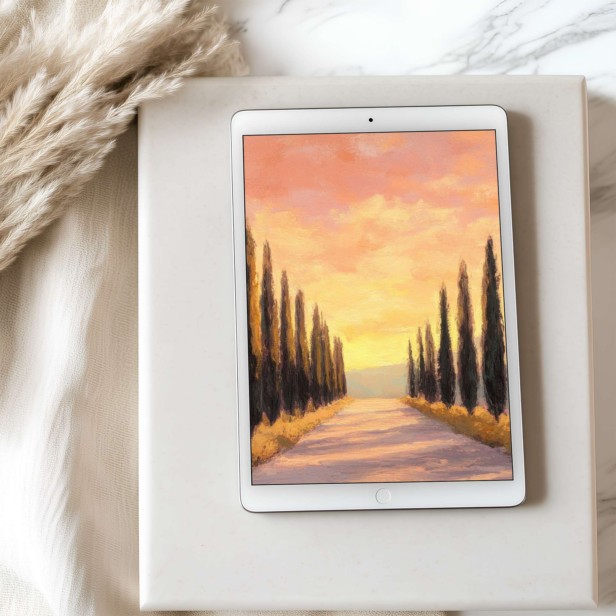 Elegant sunset landscape tablet wallpaper featuring pastel tones and elegant trees, perfect for high-resolution iPad and Android downloads