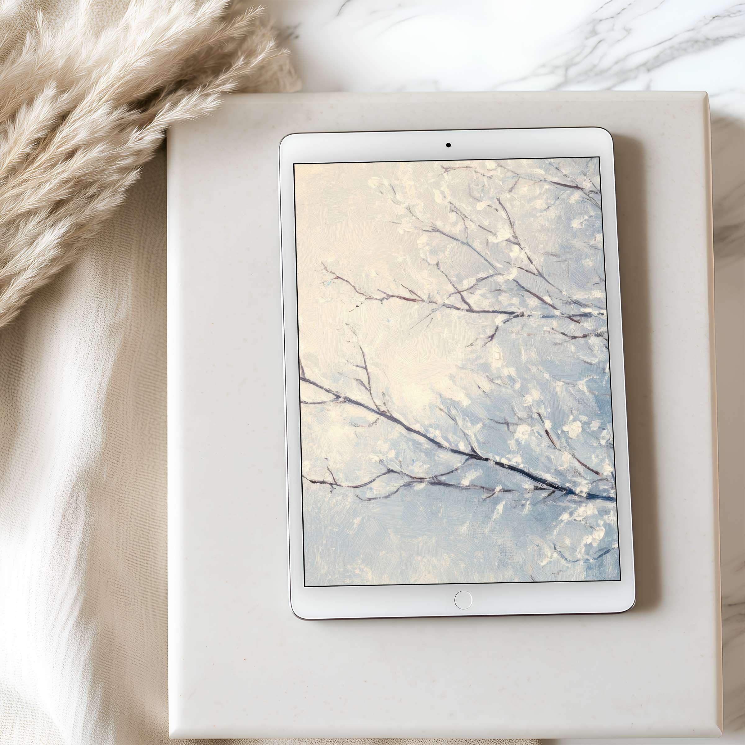 Elegant tablet wallpaper showcasing a serene winter branch painting in soft blues and whites, perfect for high-resolution digital download