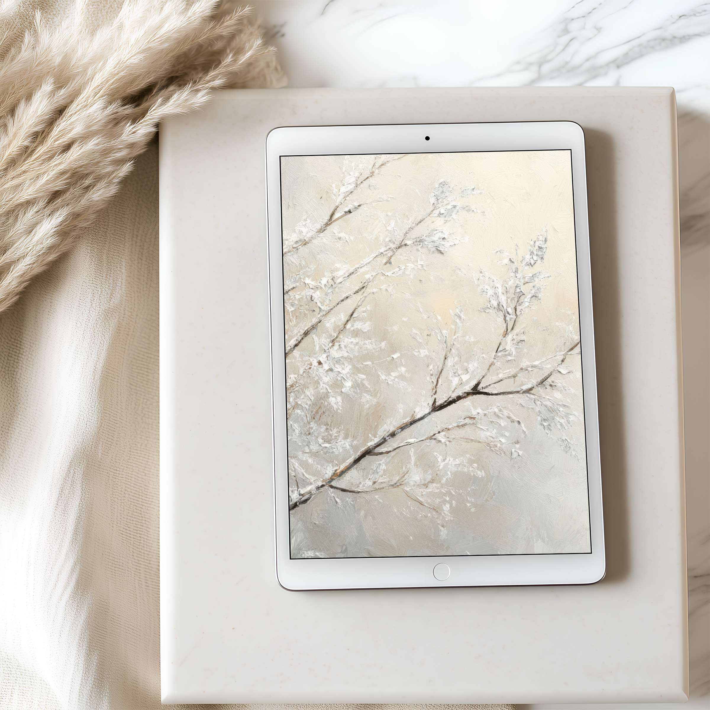 Elegant tablet wallpaper featuring serene pastel branches in snowy tranquility, perfect for immersive, high-resolution iPad download