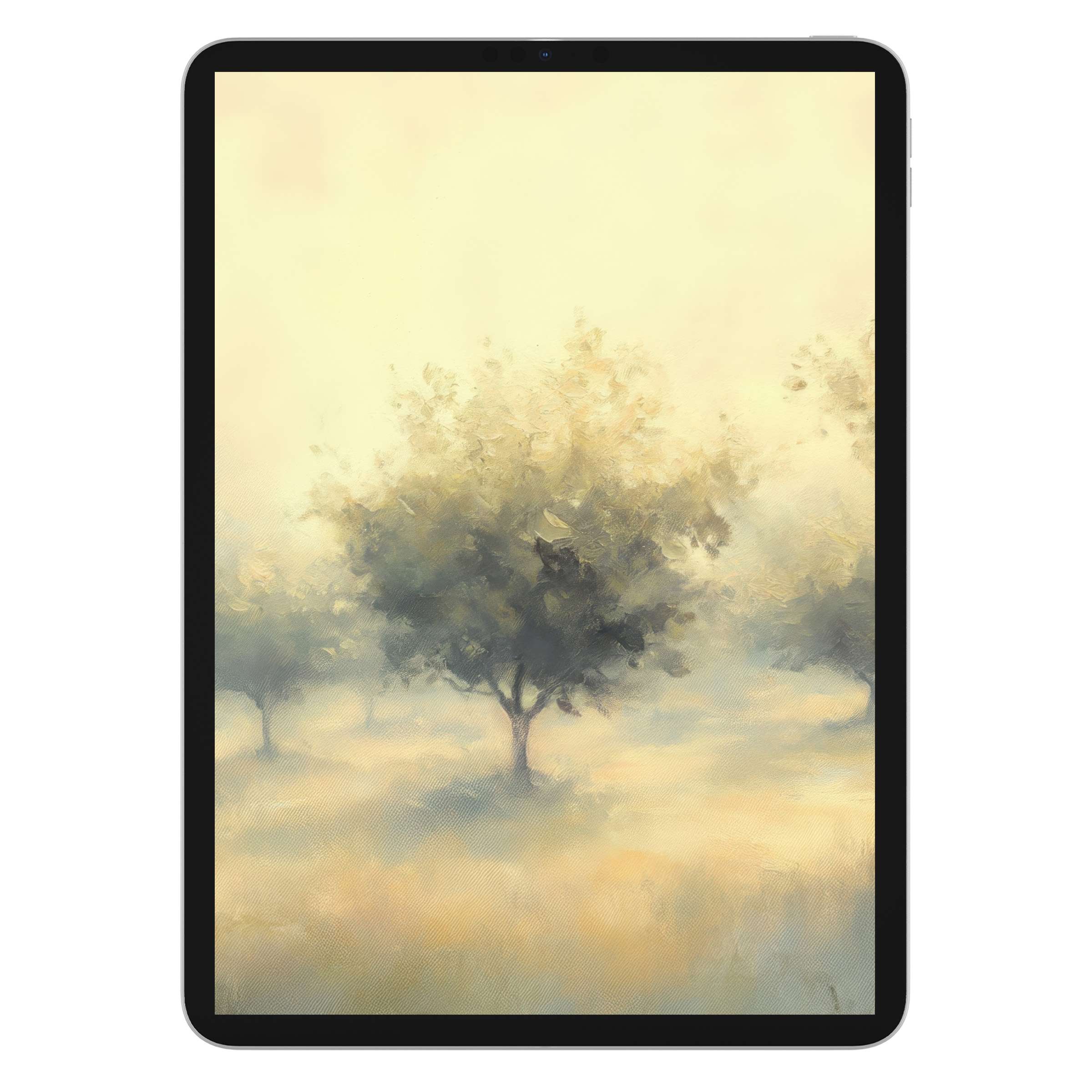 Tranquil tree iPad wallpaper capturing a misty, light-filled landscape in soft pastels for a serene digital download tablet background