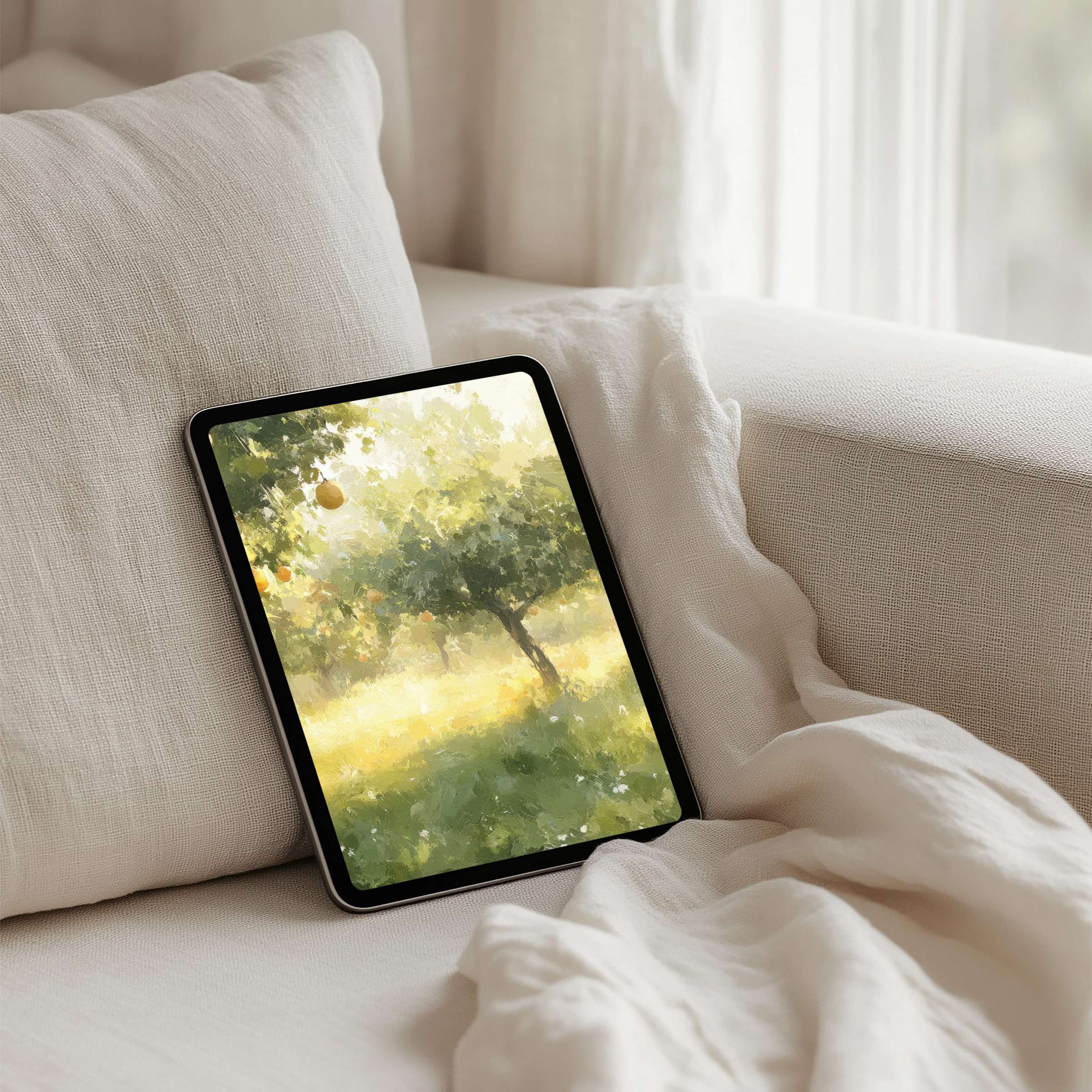 Elegant watercolor iPad background showcasing serene orchard invites calm and inspiration instant download for any tablet user
