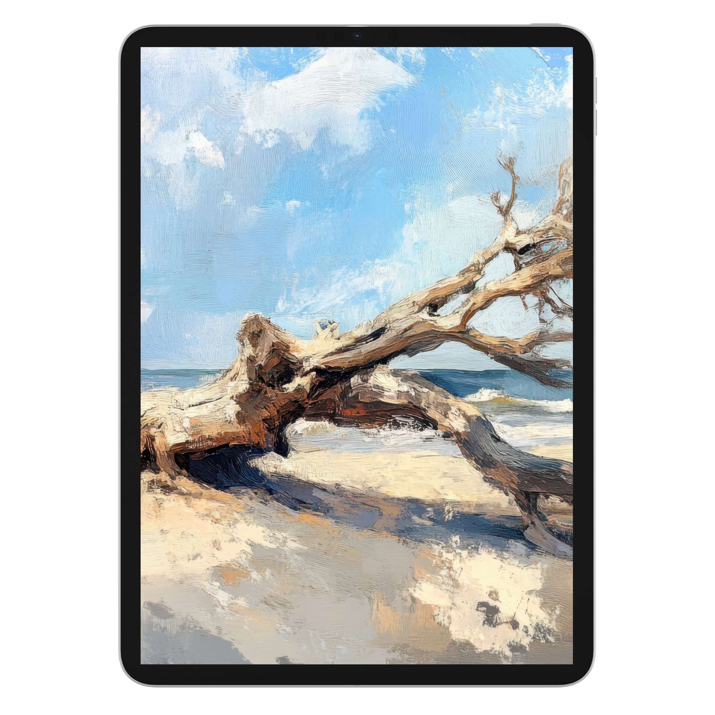 Elegant tree iPad wallpaper showcasing serene beach art in soft pastels, ideal tablet background for tranquility digital download