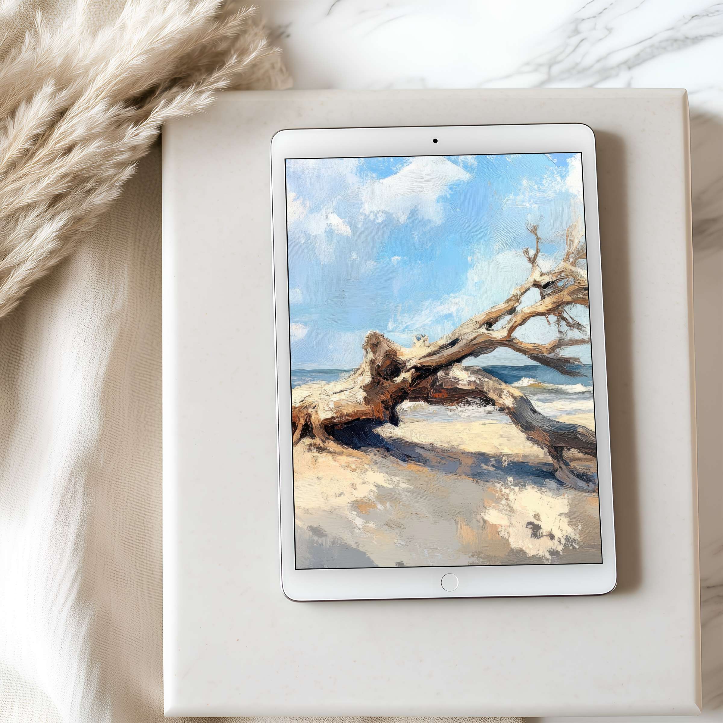 Elegant tablet wallpaper depicting a serene beach with driftwood and blue sky in high resolution, perfect for iPad and Android devices