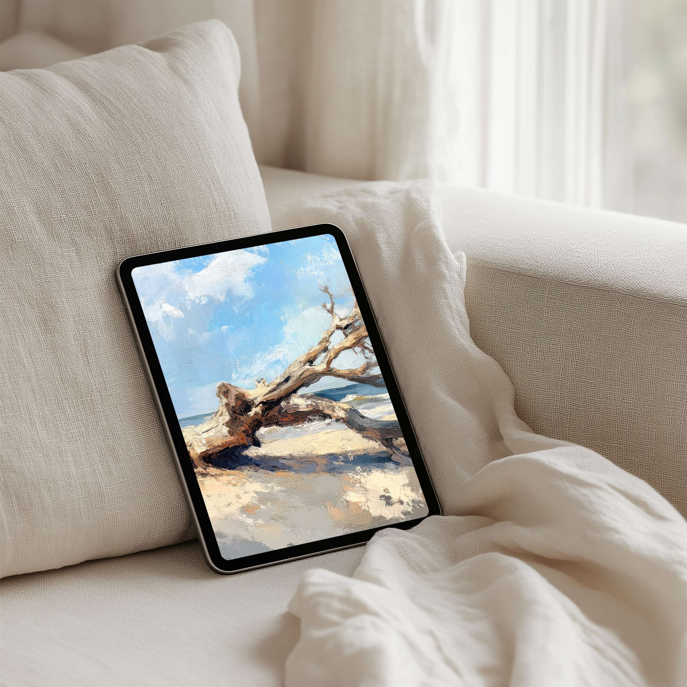 Serene iPad background featuring coastal driftwood art enhances mindfulness, suitable for iPad and tablet users seeking instant download