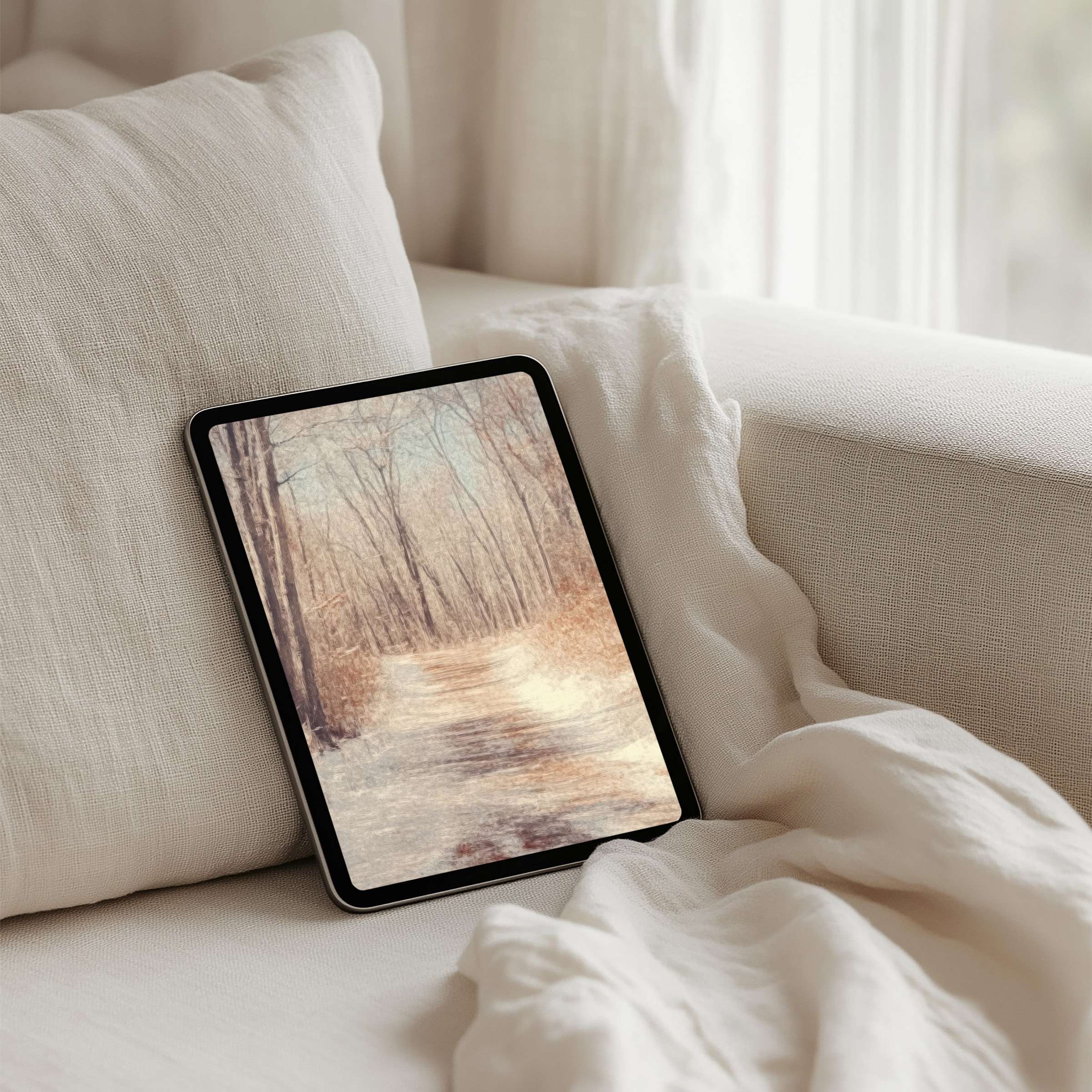 Elegant forest path iPad background, soothing neutral tones for your tablet, instant download for mindfulness and inspiration