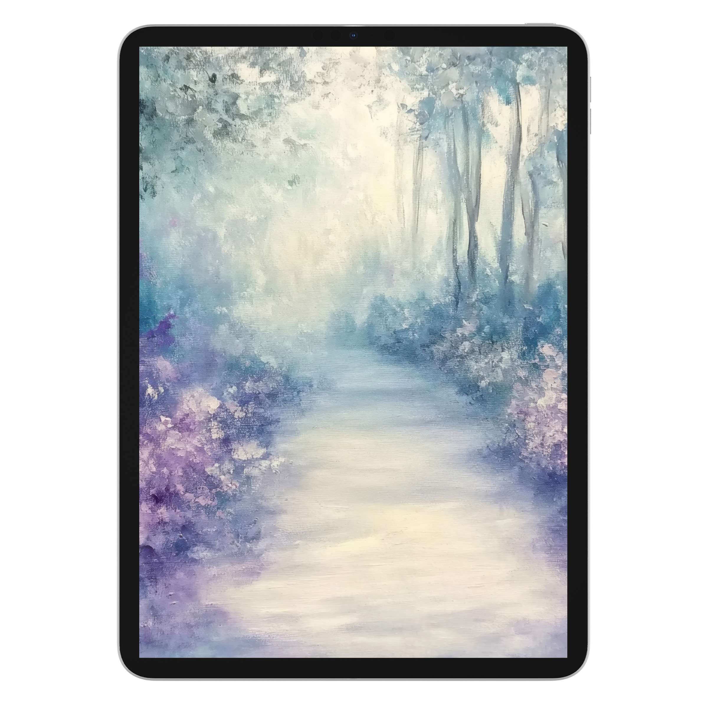 Serene tree iPad wallpaper with tranquil pastel colors and misty forest background enhances any tablet as a digital download