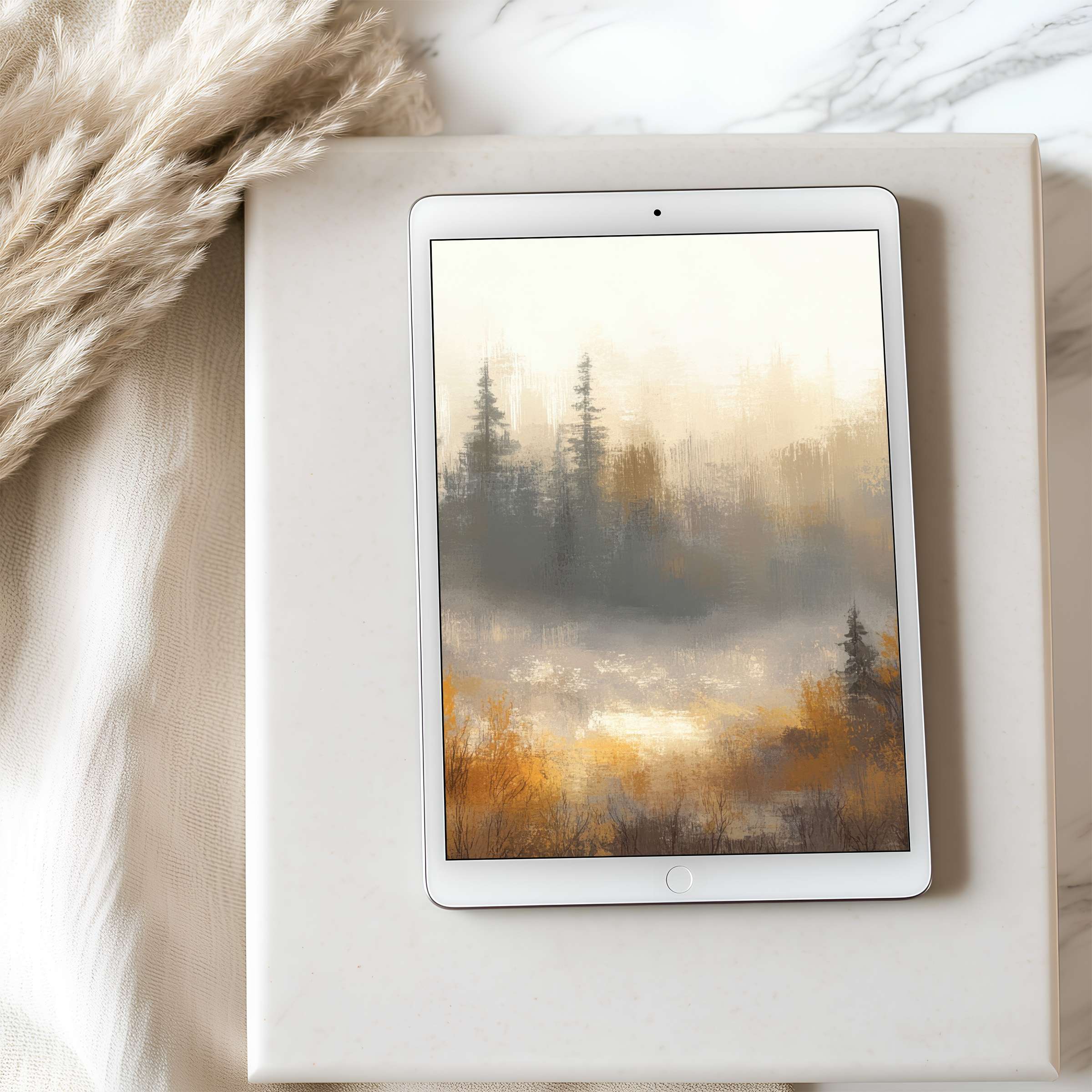 Serene tablet wallpaper featuring misty forest in warm tones, perfect for iPad or Android high resolution digital download