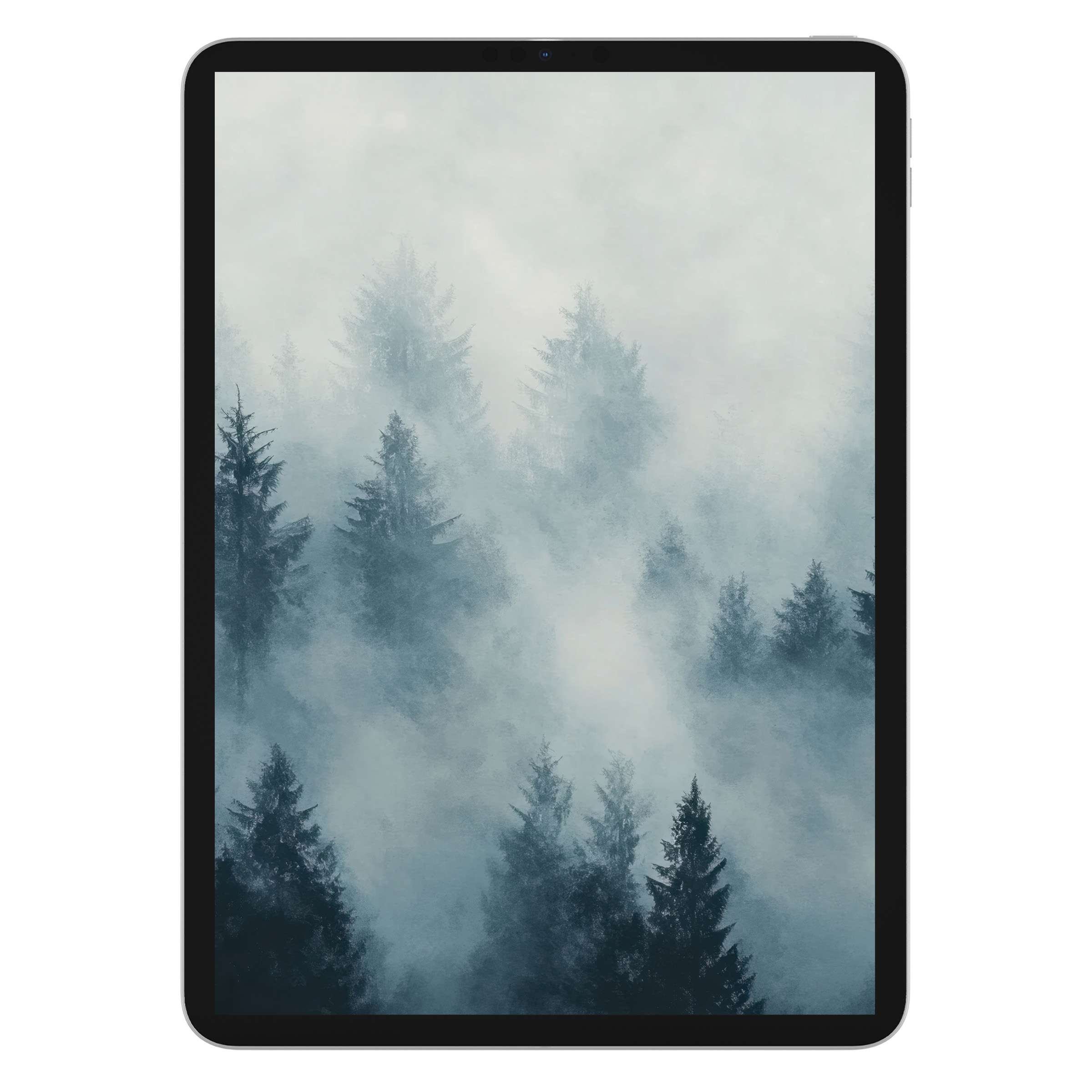 Misty forest tree iPad wallpaper, a digital download for tablets, offers an elegant, calming background for design-focused users