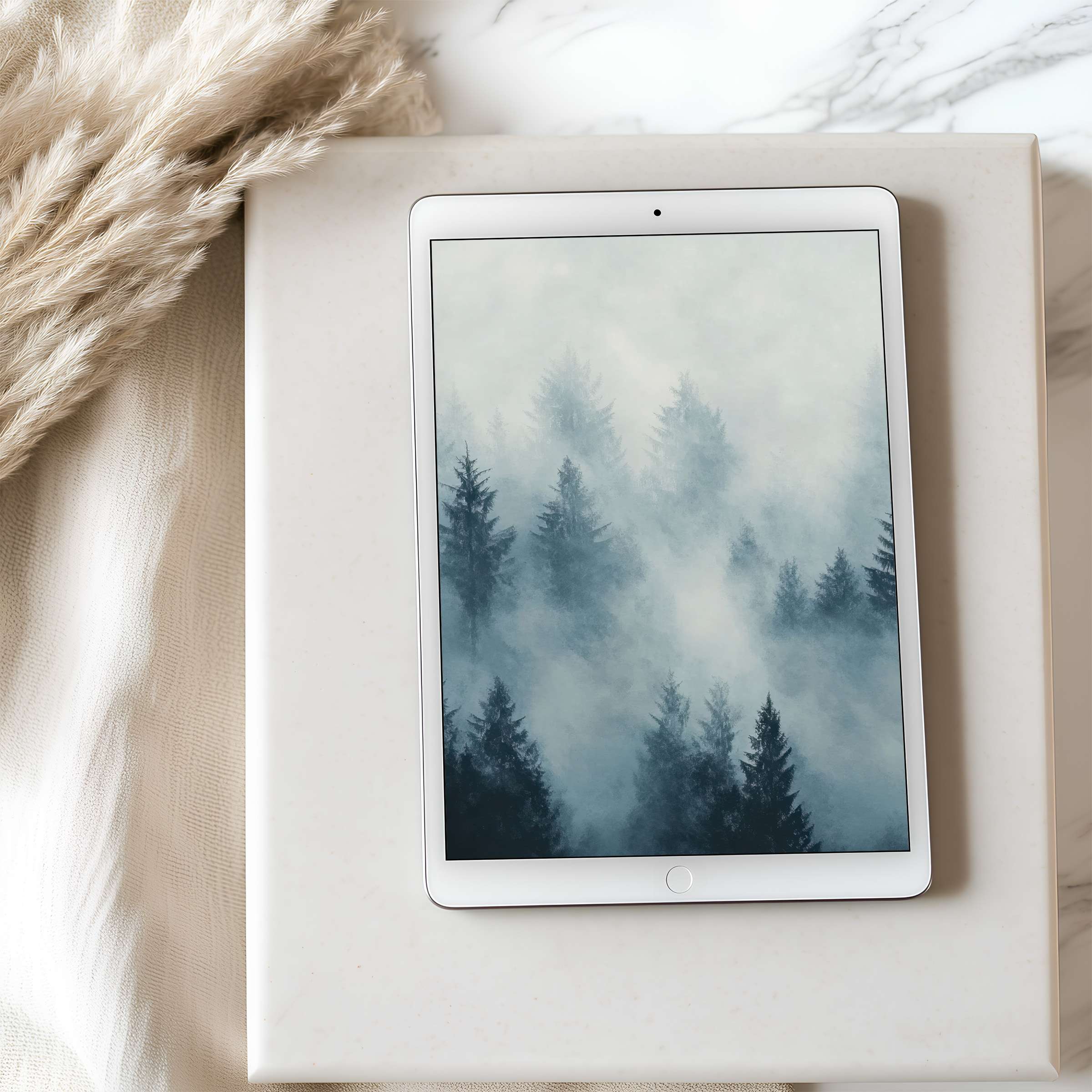 Serene misty forest tablet wallpaper in high resolution for iPad offers a calming digital download, perfect for elegant interiors