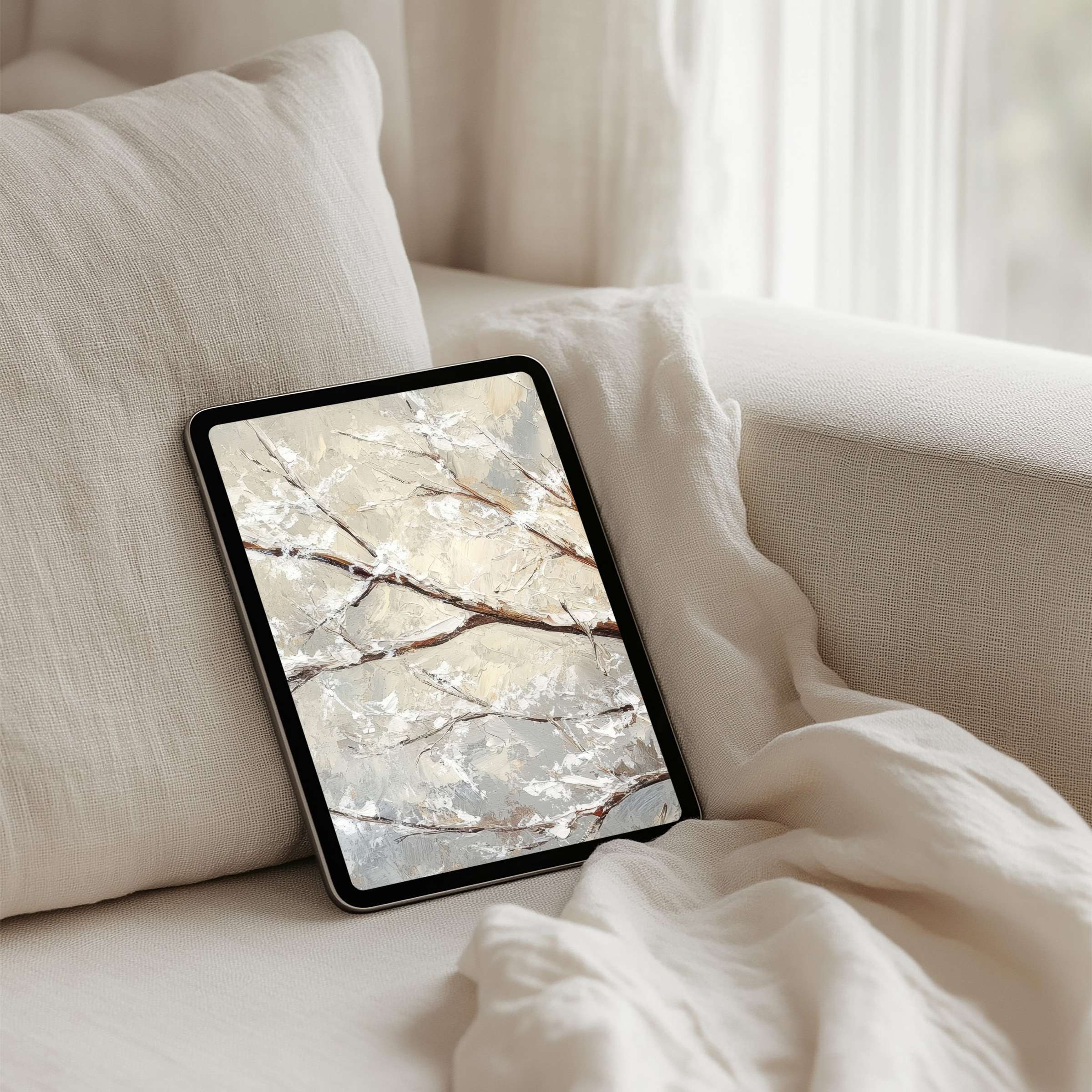 Elegant winter branch digital art iPad background for instant download brings calming inspiration to your tablet's display