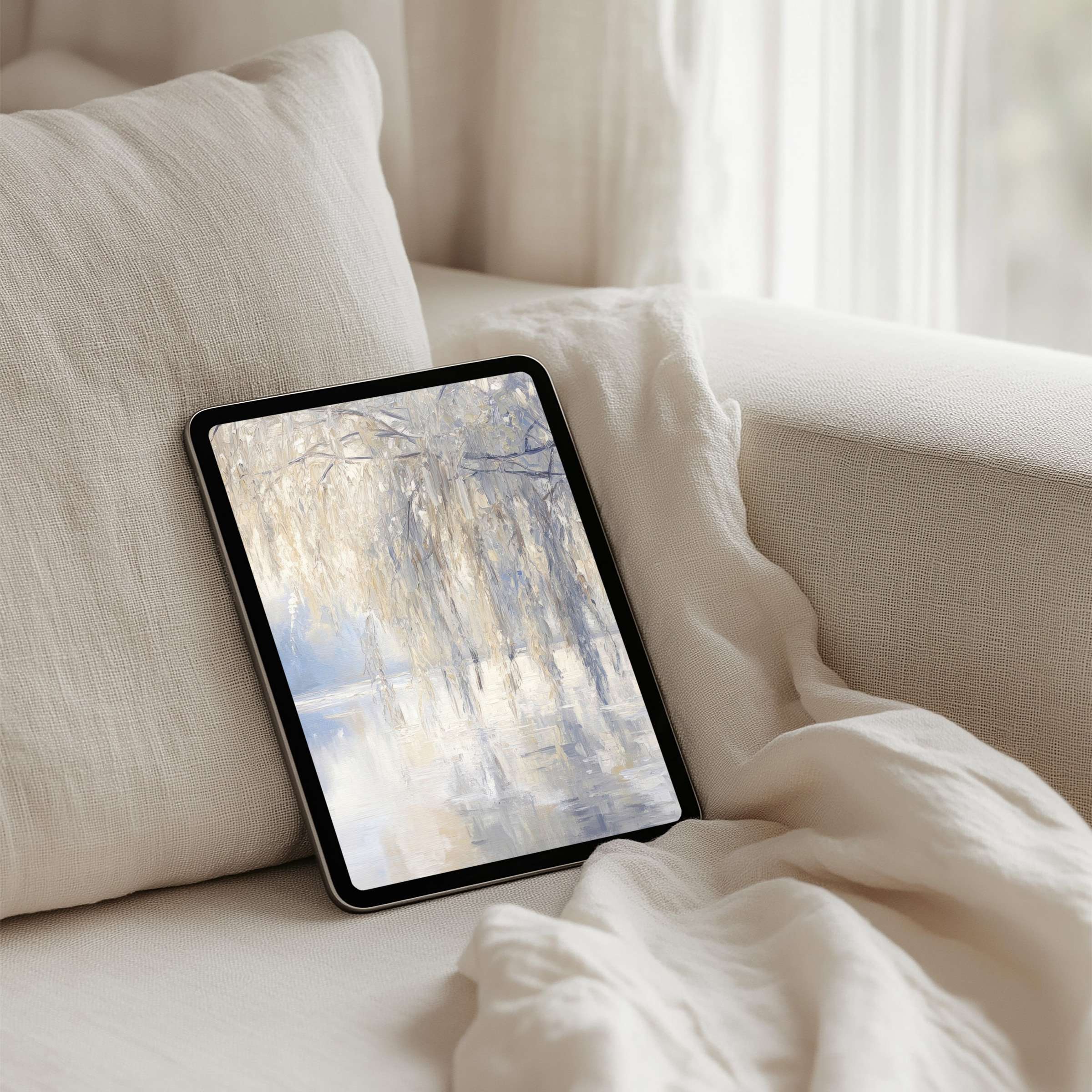 Elegant watercolor iPad background with serene willow scene for tablets inspiring mindfulness and calm instant download available