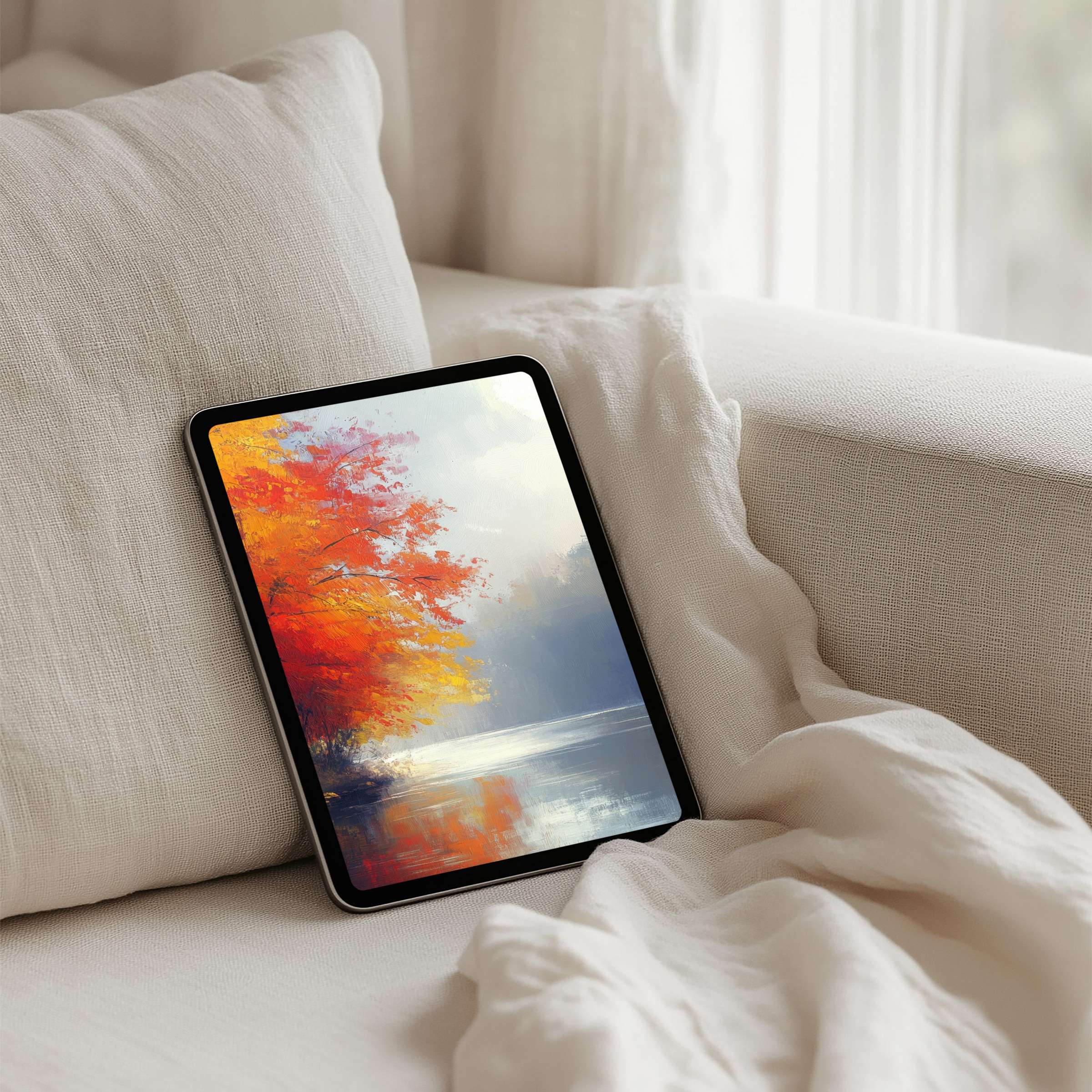 Elegant iPad background with vibrant autumn colors offering instant download for tablet users seeking calm, inspiration, and mindfulness