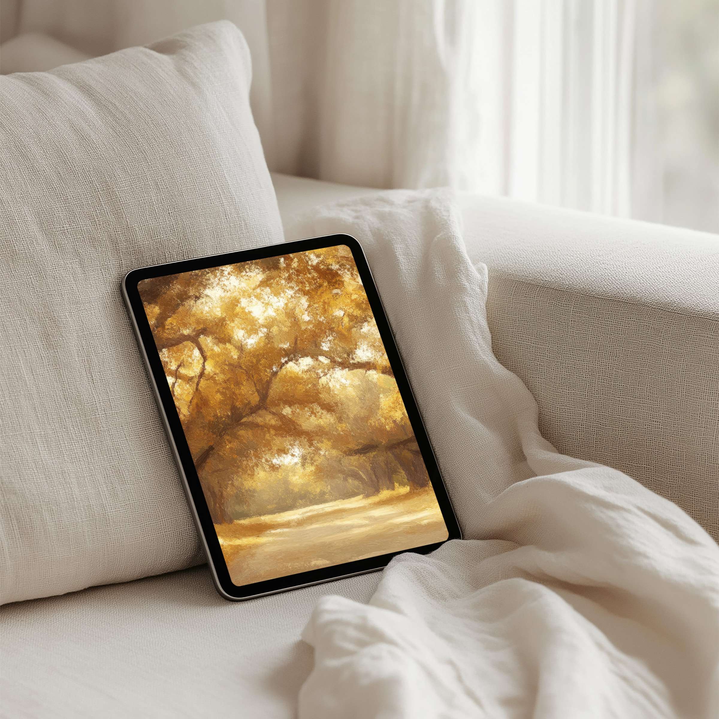 Elegant iPad background featuring warm golden trees offering instant download for a calming tablet experience on Android and Samsung
