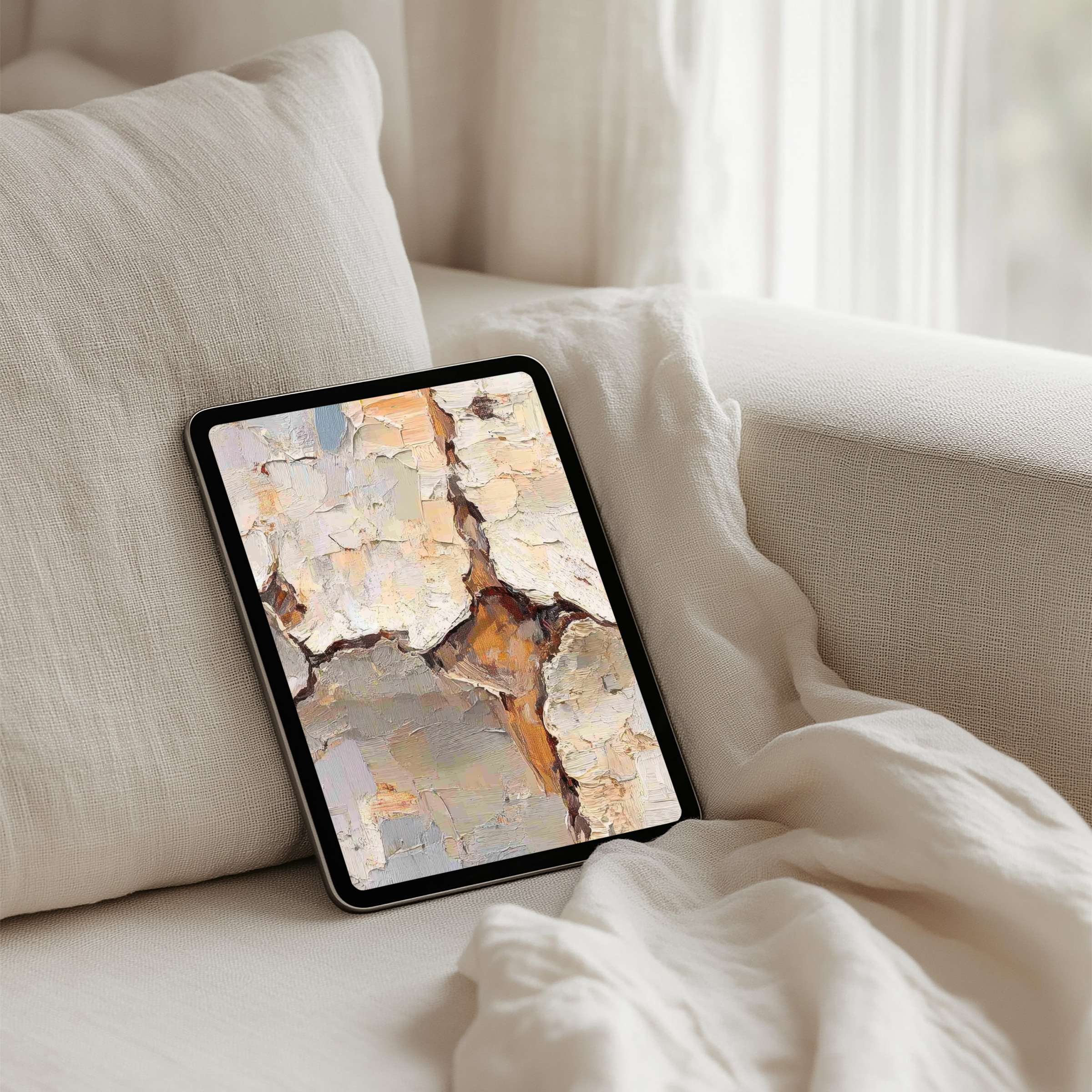 Elegant iPad background featuring textured abstract art in calming neutrals; perfect for instant download on any tablet user