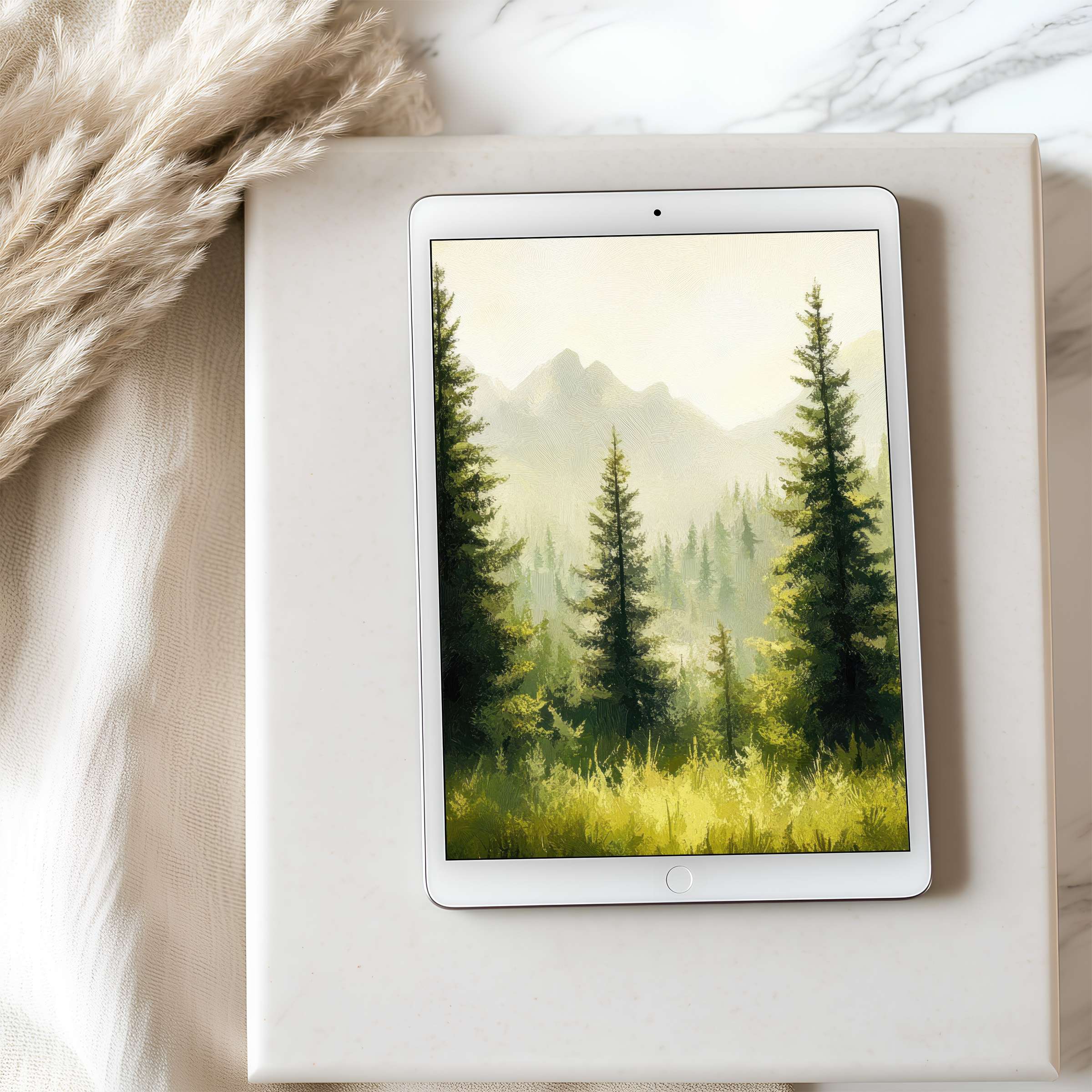 Inspirational tablet wallpaper featuring serene green mountains and trees, set on a chic marble interior perfect for high resolution tablets