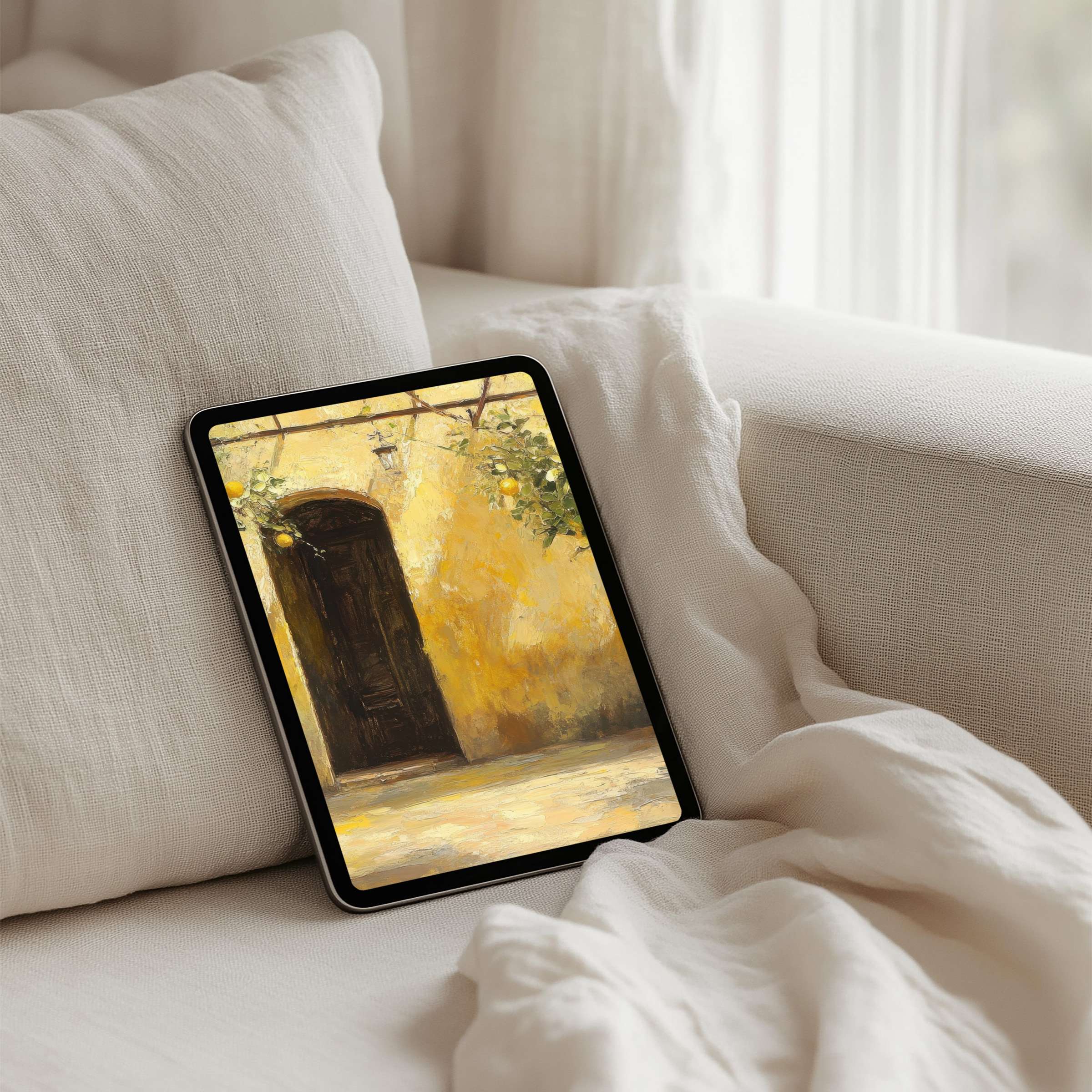 Elegant iPad background with sunlit rustic doorway offers calm, inspiring decor for tablet users seeking instant download serenity