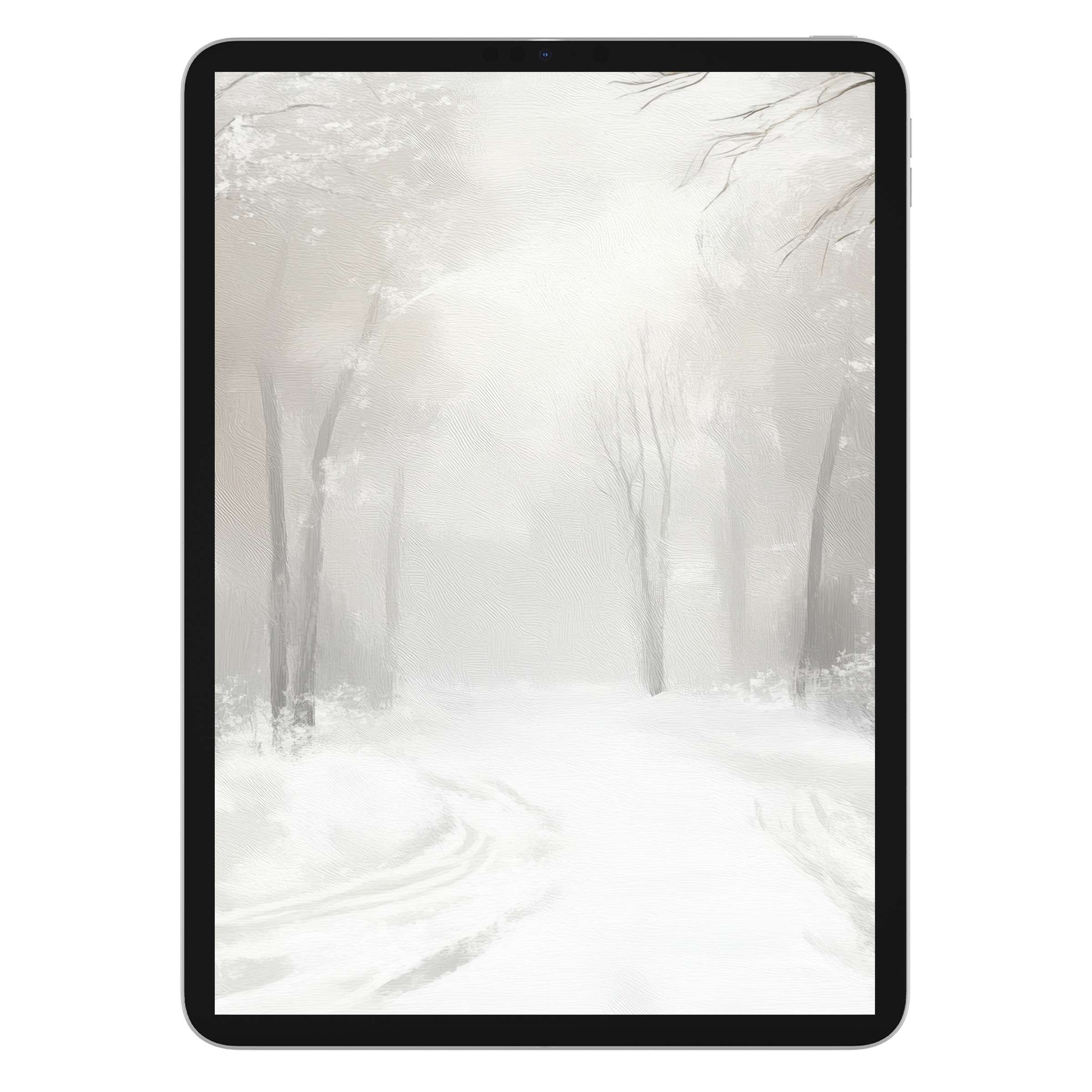 Elegant winter scene tree iPad wallpaper in soft whites provides a serene digital download background for tablet tranquility and design harmony