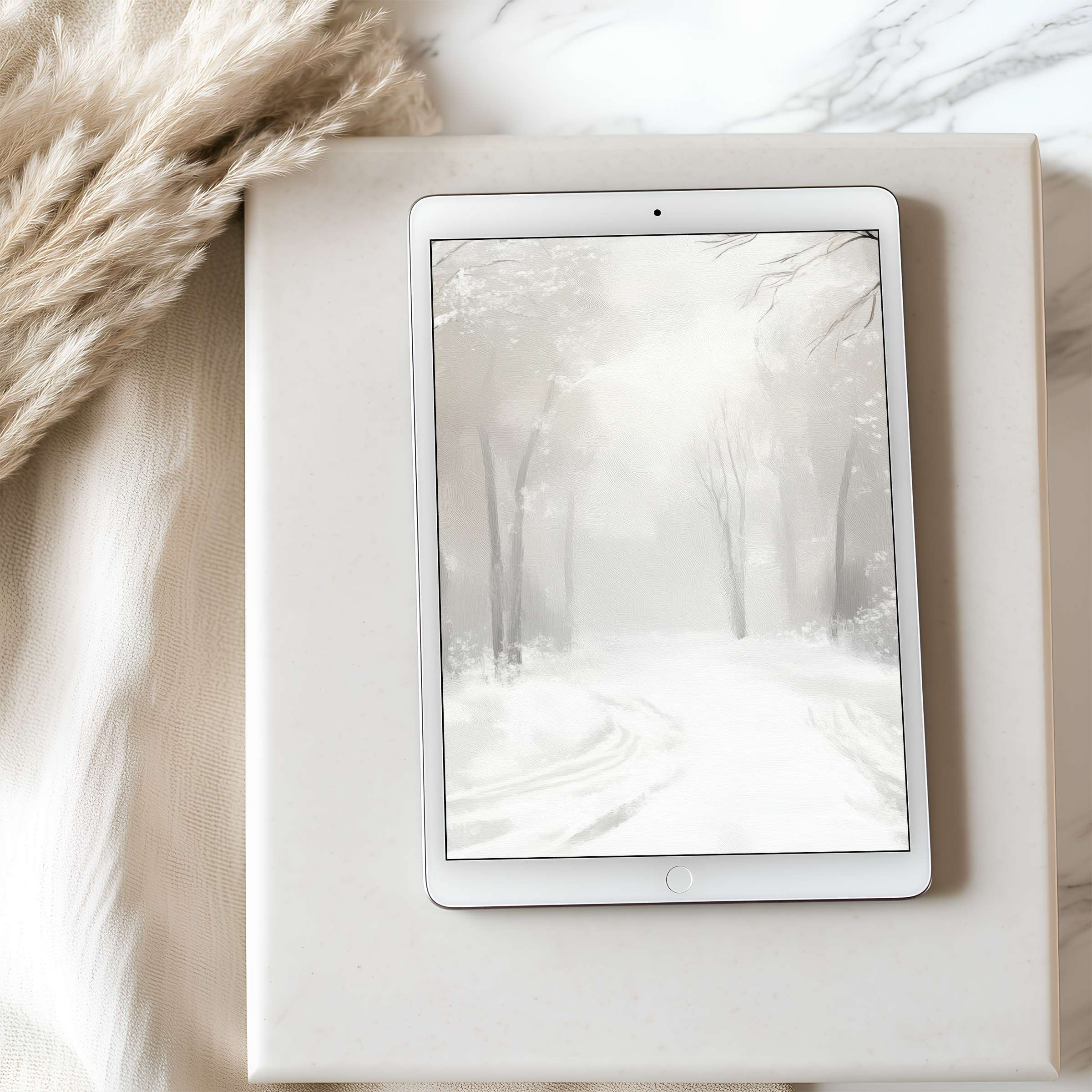 Elegant tablet wallpaper featuring a serene snowy landscape in high resolution ideal for iPad or Android tablets digital download