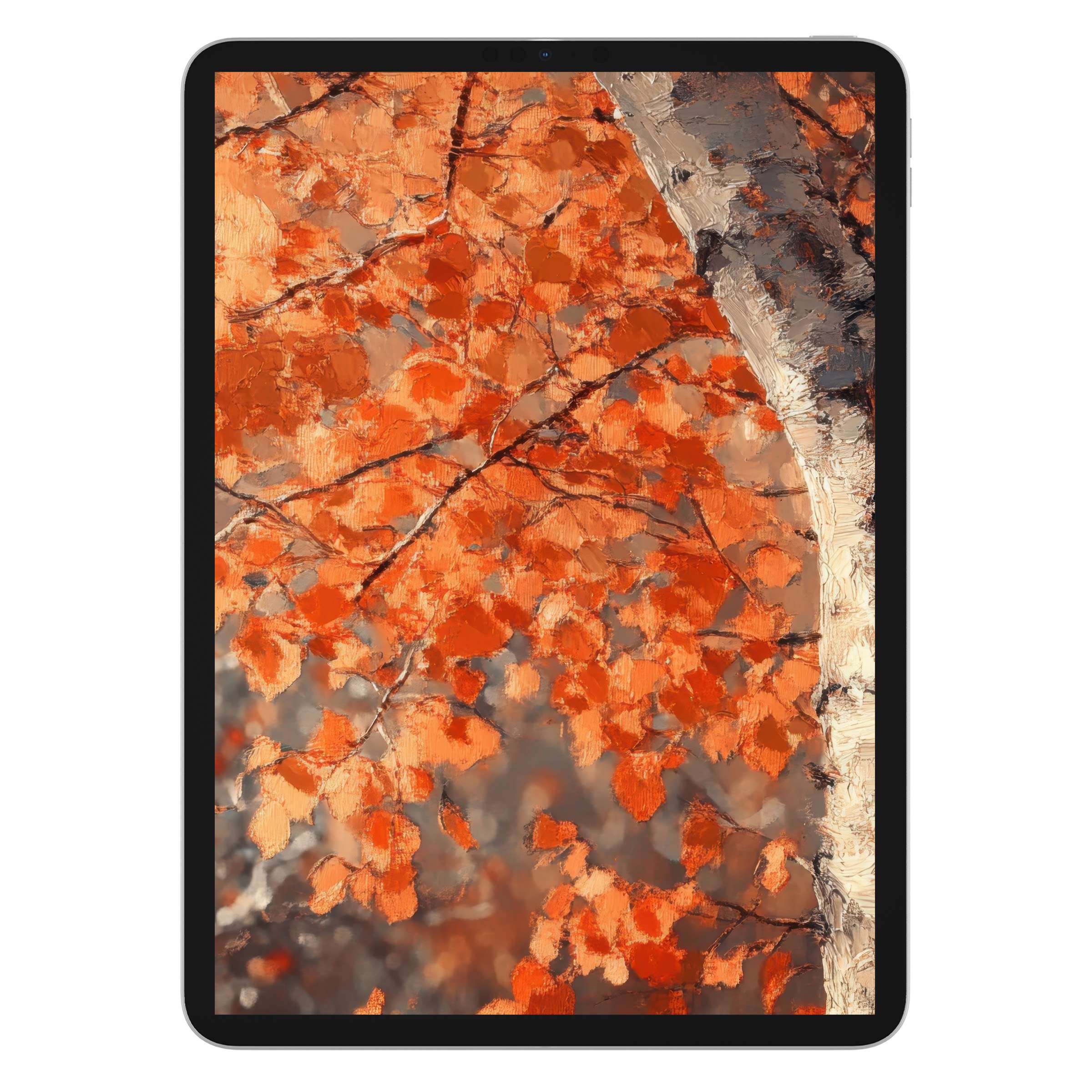 Elegant tree iPad wallpaper with vibrant orange leaves and textured bark for a serene tablet background digital download