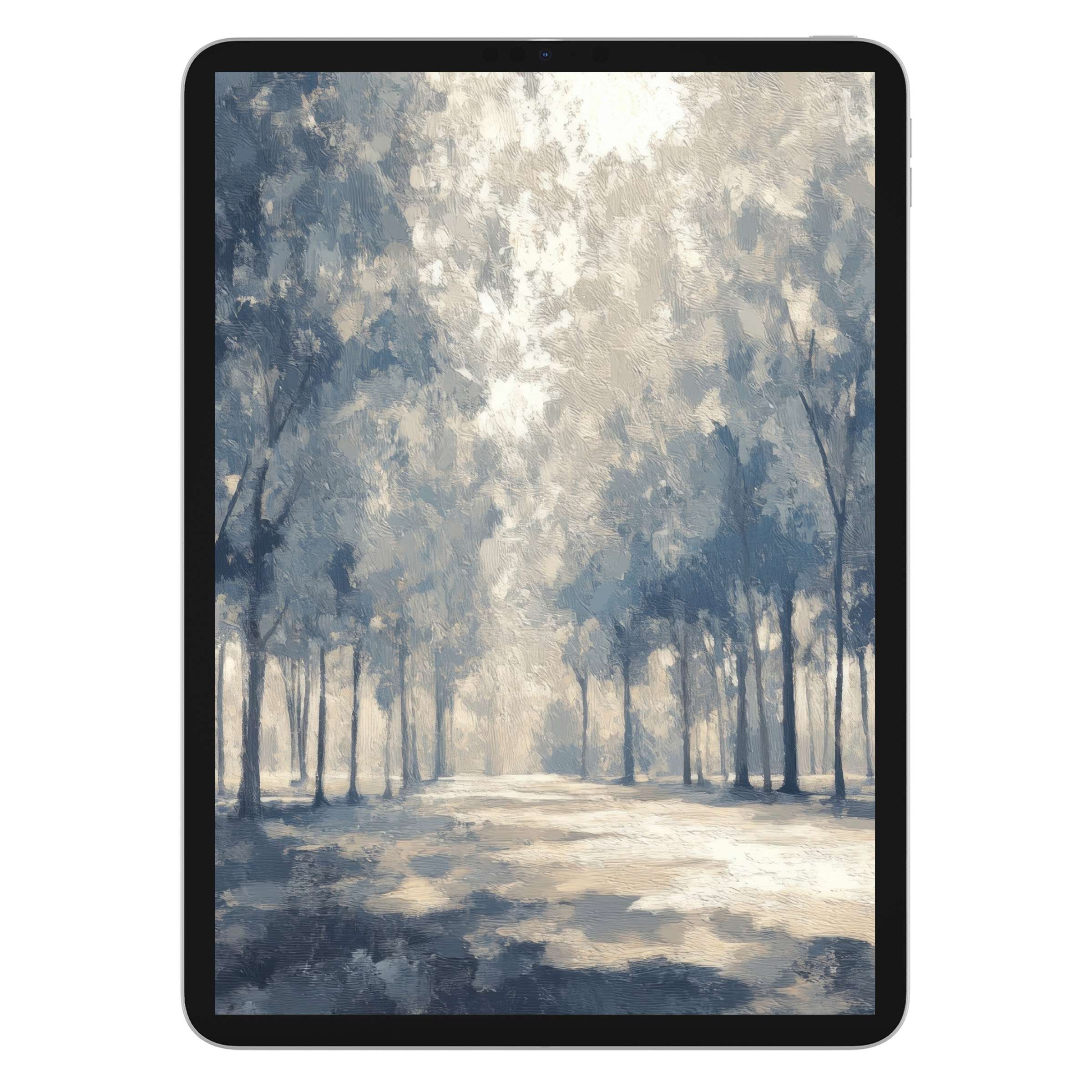 Elegant digital download tree iPad wallpaper with serene, impressionistic blue and white forest background suitable for Samsung tablet
