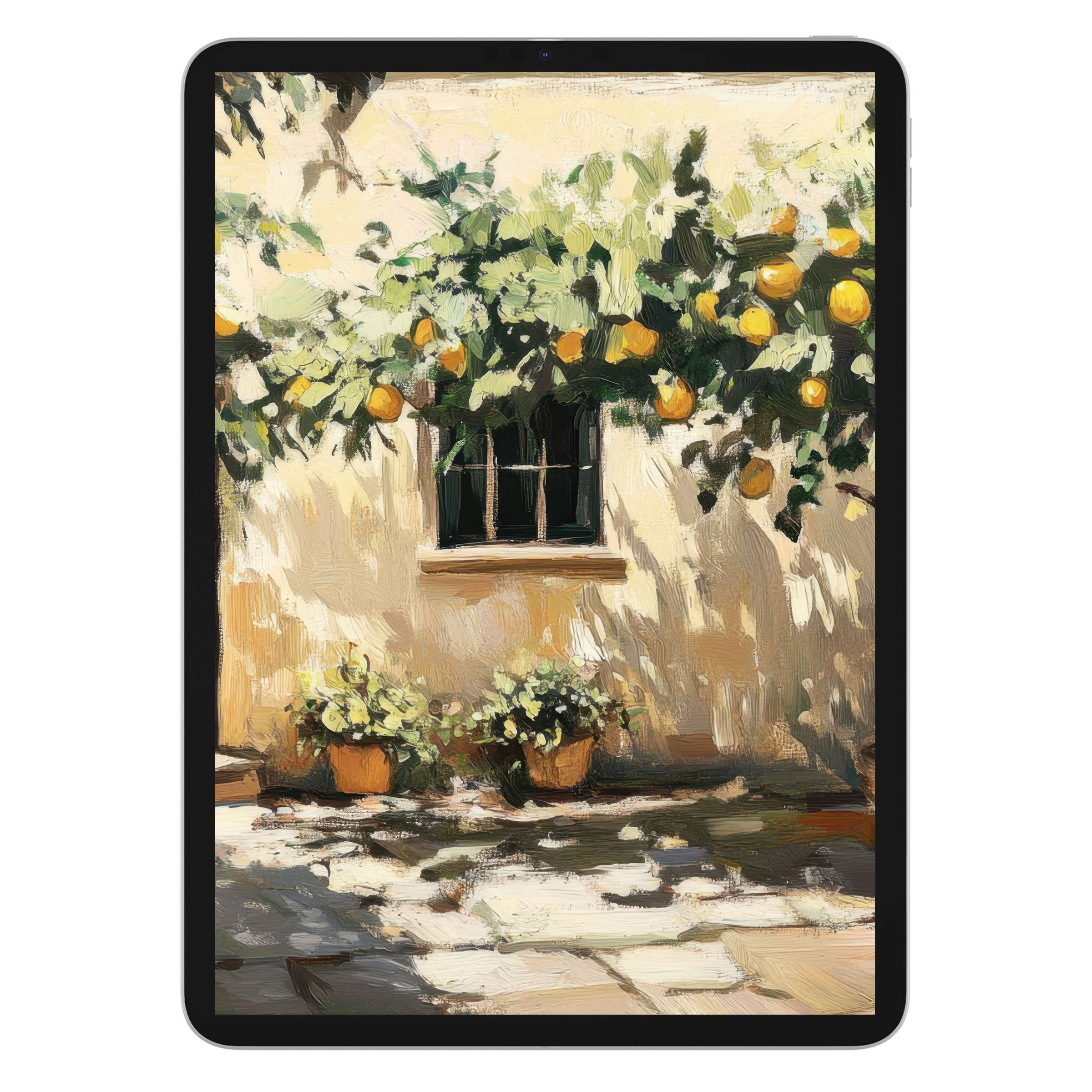 Elegant tree iPad wallpaper featuring sunlit greenery and oranges, ideal digital download background for tablets, adding calm and style