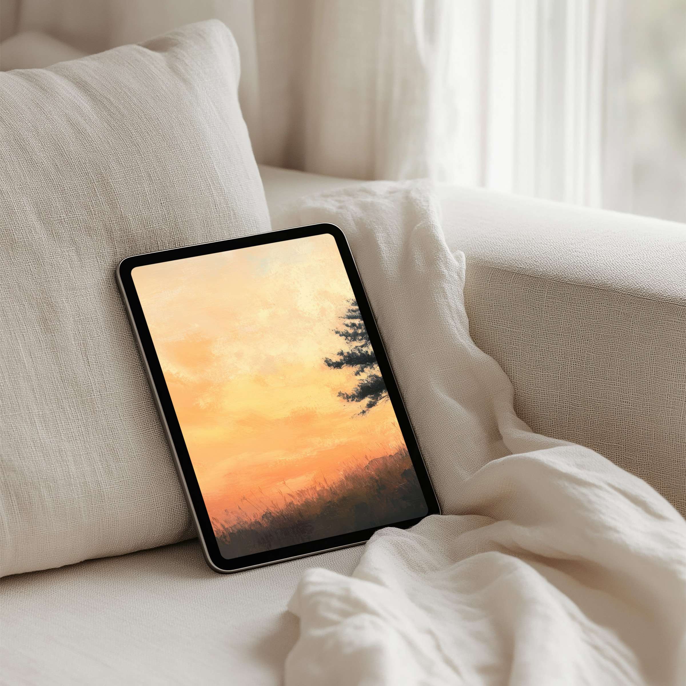 Elegant iPad background of serene sunset art for tablet brings calm inspiration with instant download on soft linen ambiance