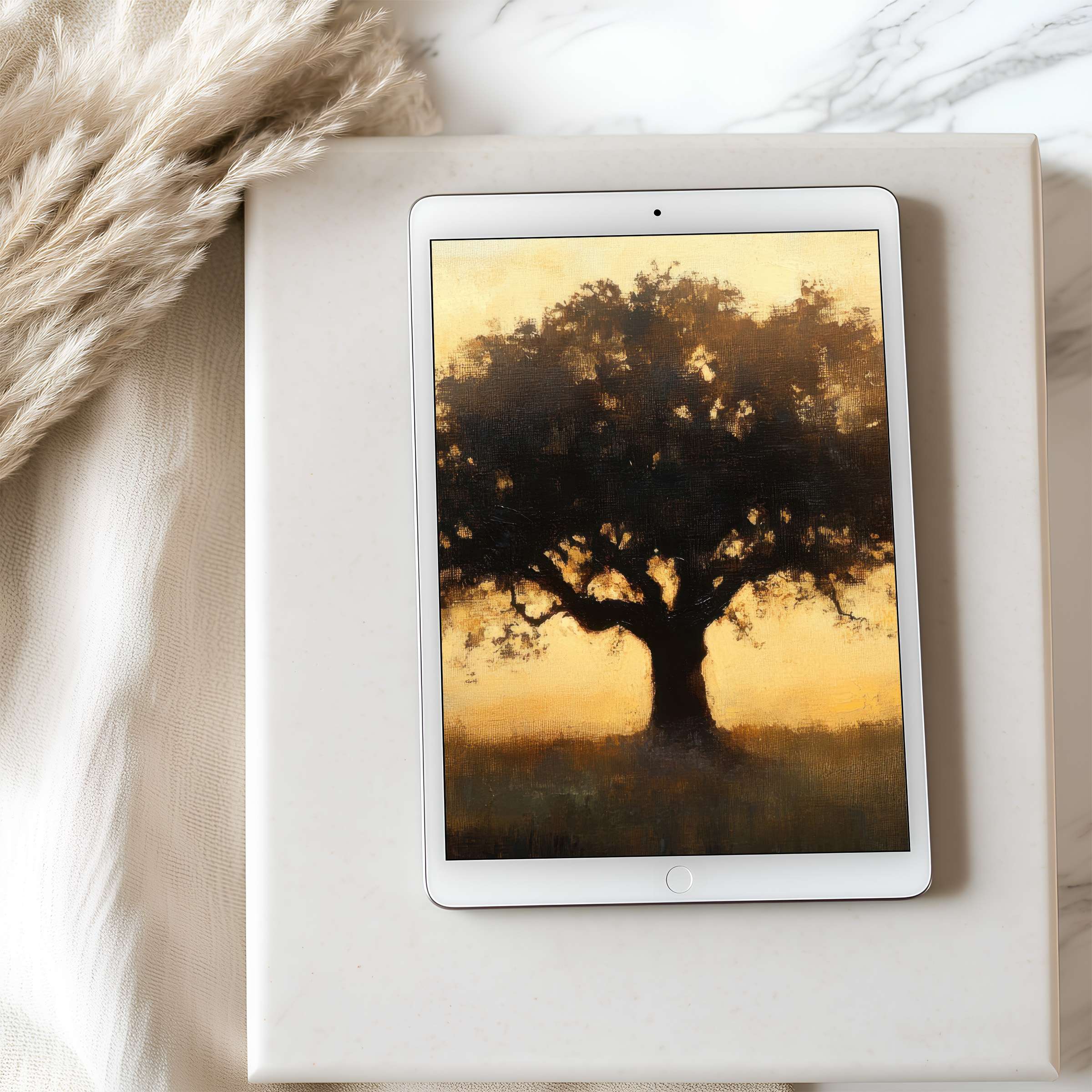 Elegant tablet wallpaper depicting a serene sunset tree silhouette, perfect for iPad or Android tablet, offering calm and high resolution