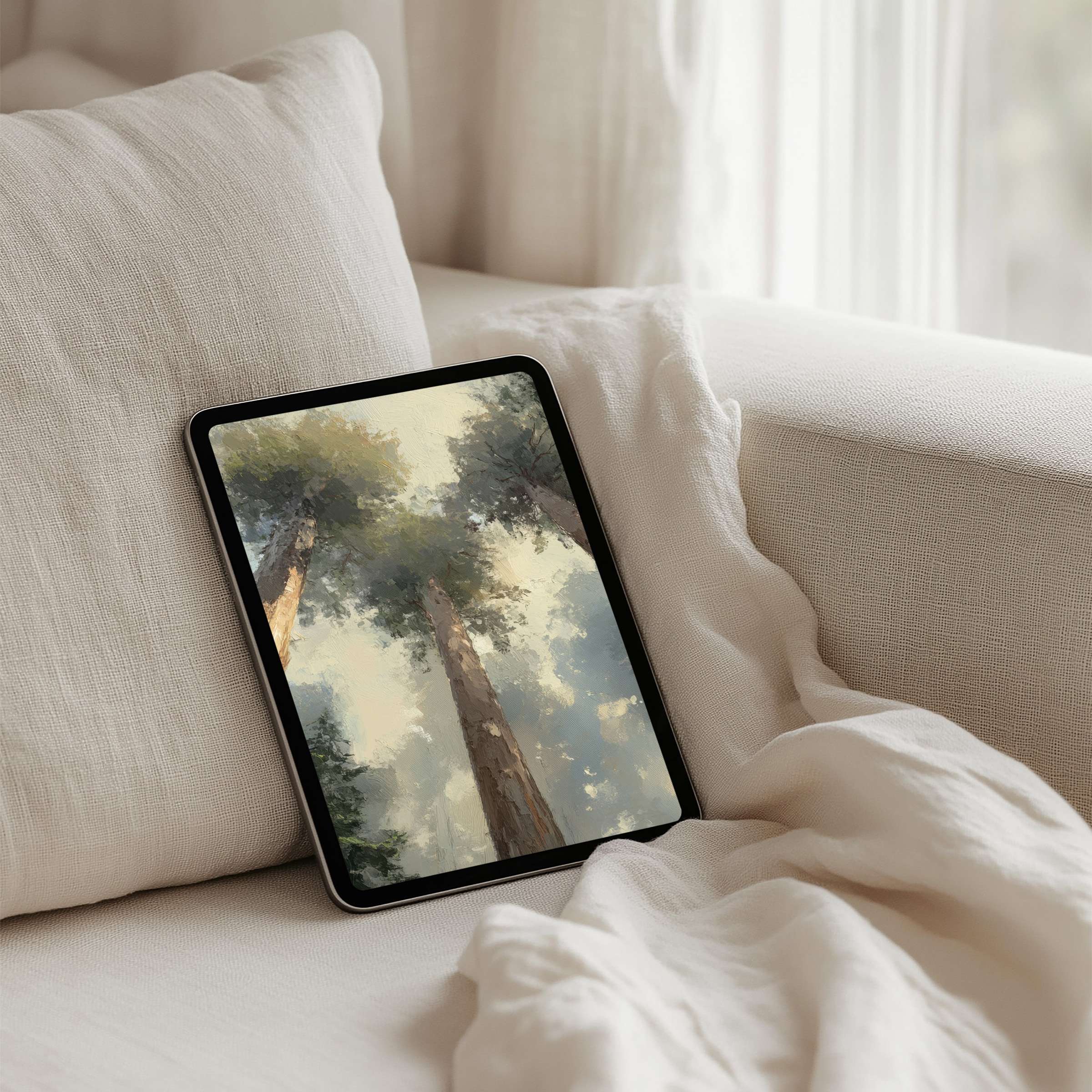 Elegant iPad background with serene forest painting on a tablet, perfect for instant download, inspires calm and mindfulness