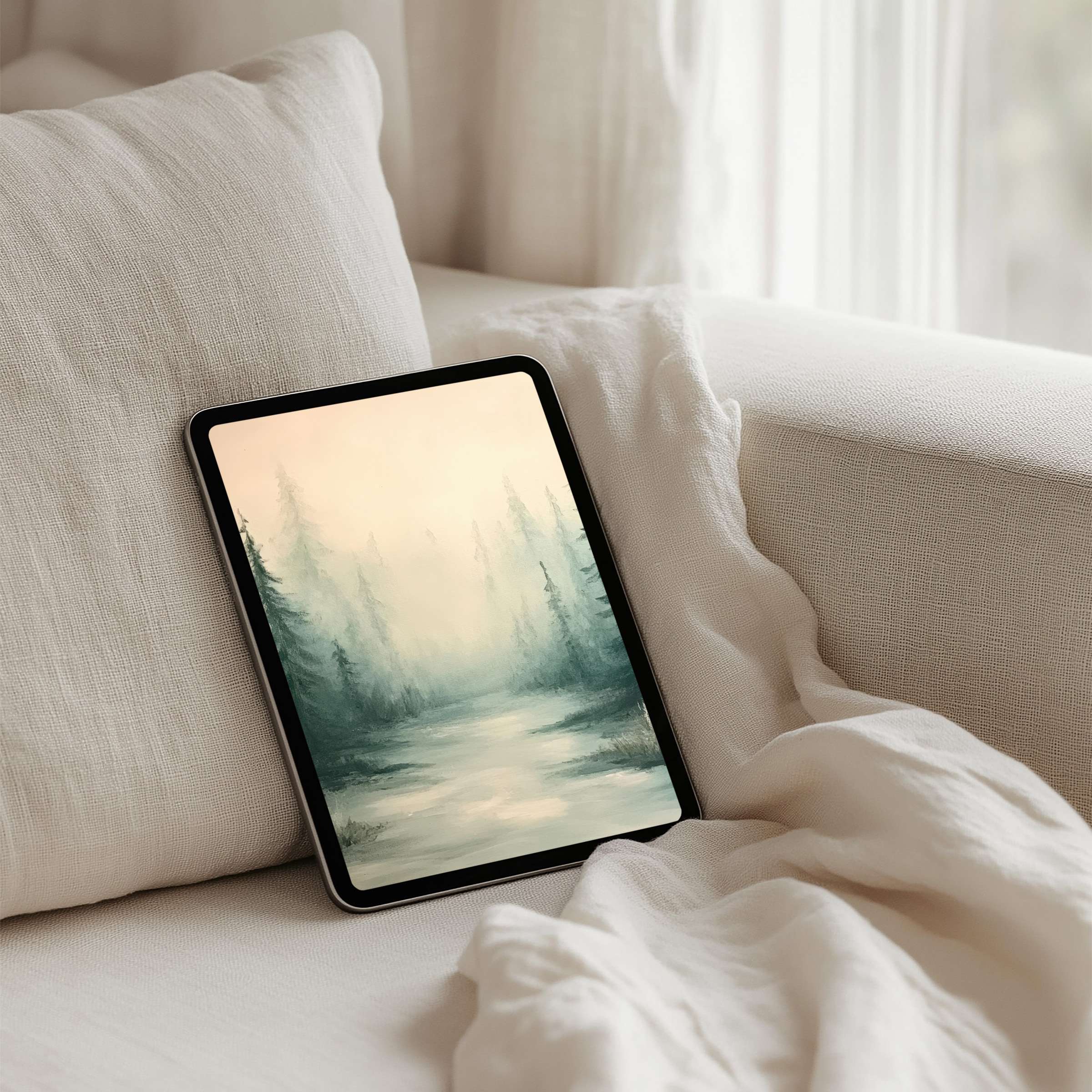 Serene forest iPad background with misty trees brings calm elegance to any tablet instant download for mindful inspiration