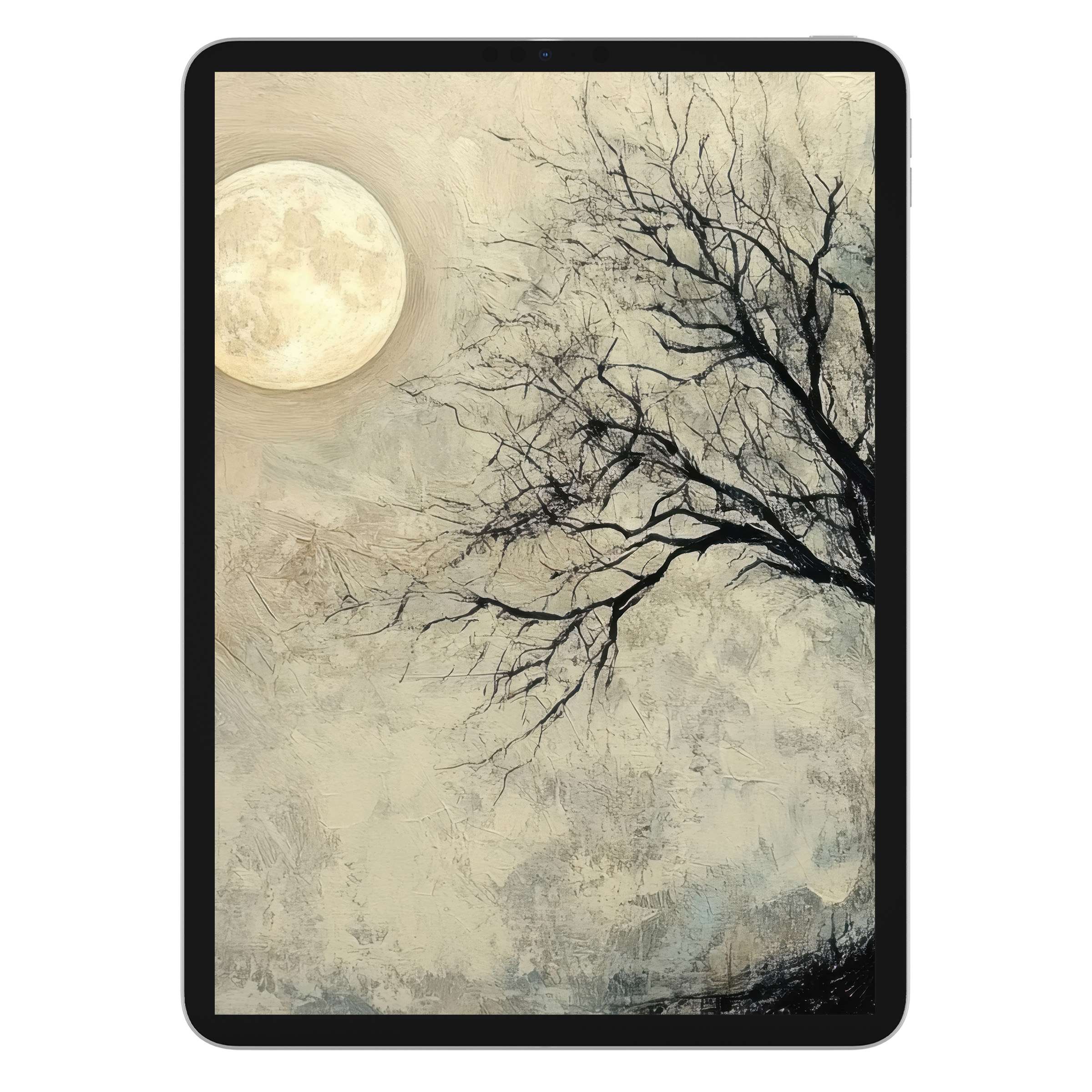 Inspiring tree iPad wallpaper featuring a moonlit night scene for a serene tablet background digital download with nature texture
