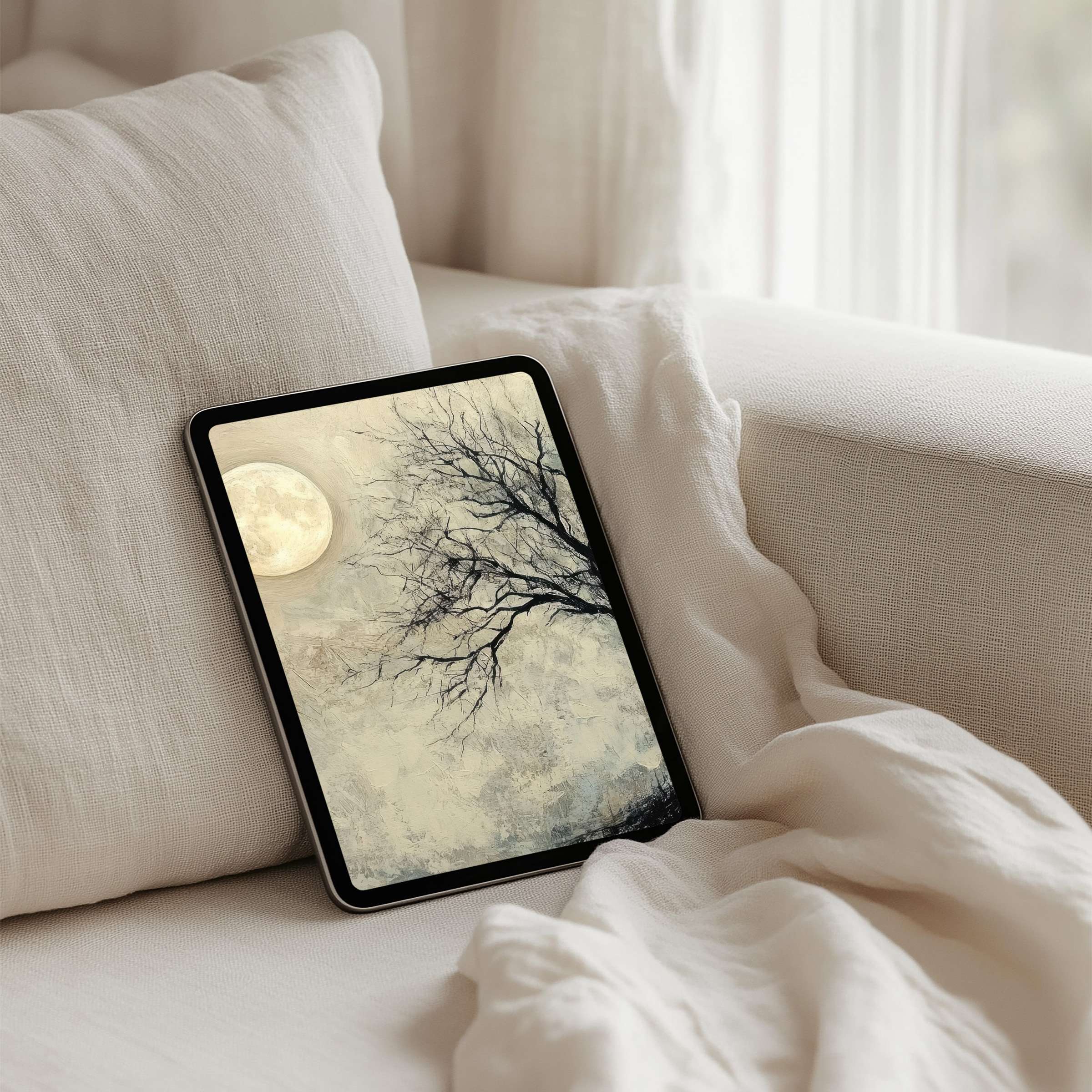 Elegant iPad background art of moonlit tree branches offers instant download for tablets inspiring calm and mindfulness in design-savvy users