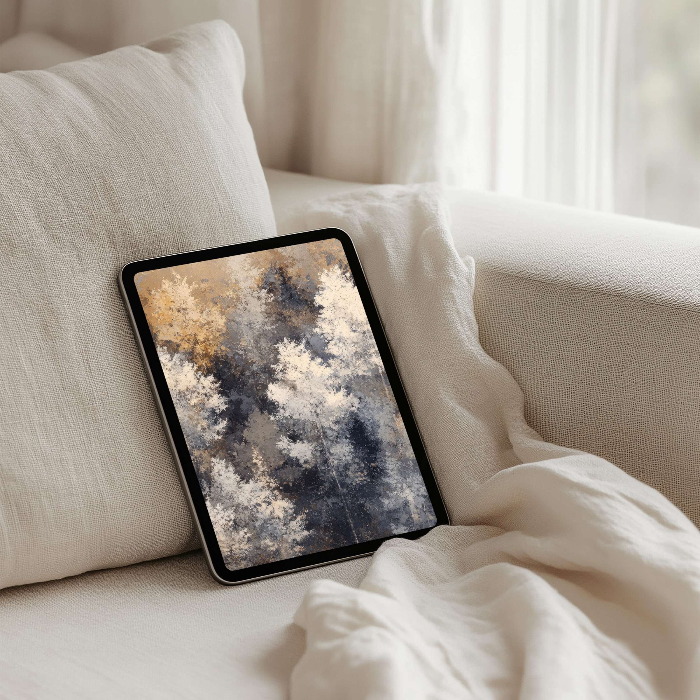 Elegant iPad background with serene abstract forest art in soft beige and navy hues perfect for instant download on any tablet