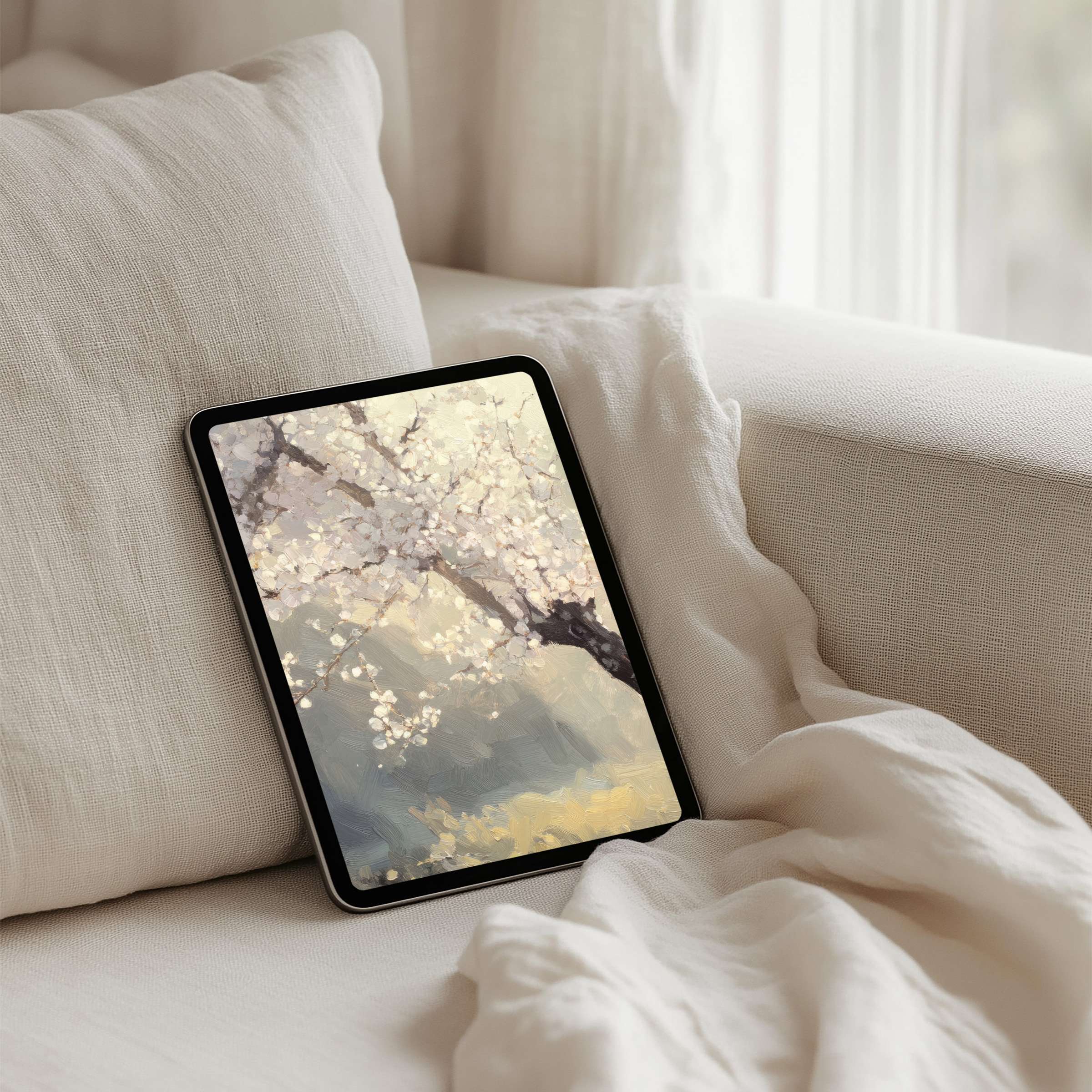 Cozy iPad background featuring serene blossom art offers instant download for elegant tablet charm, inspiring tranquility and mindfulness