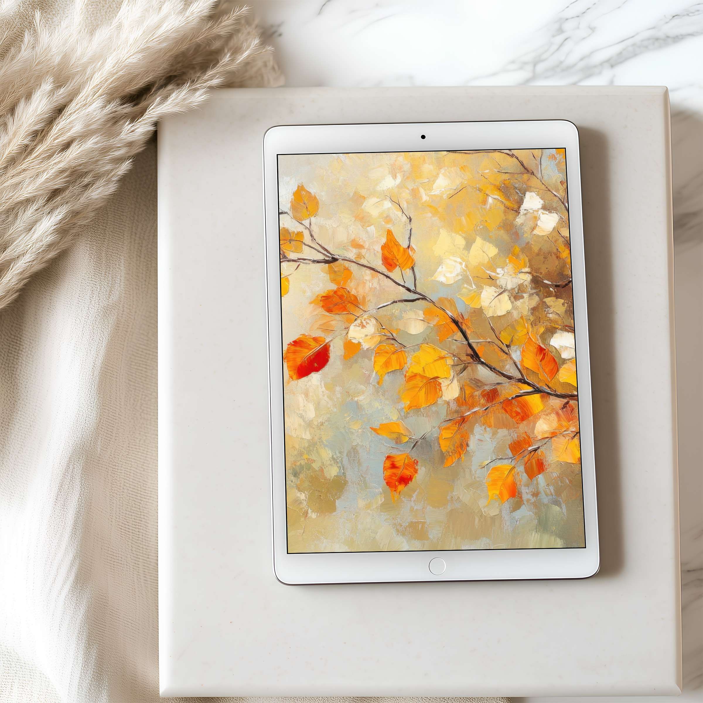 Elegant autumn leaves painting offers a tranquil tablet wallpaper for iPad and Android, perfect for high-resolution digital download