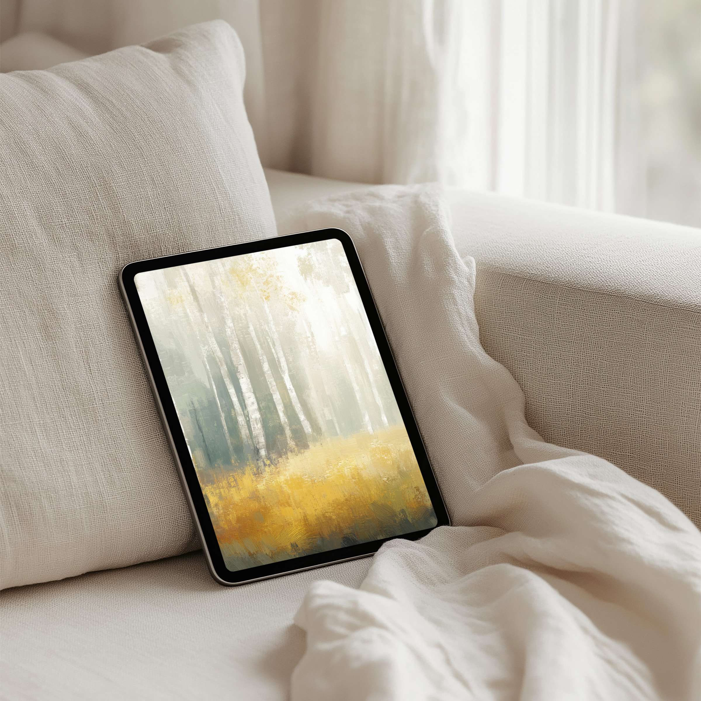 Elegant forest iPad background in soft yellows and greens, perfect for tablets, offering calm inspiration as an instant download