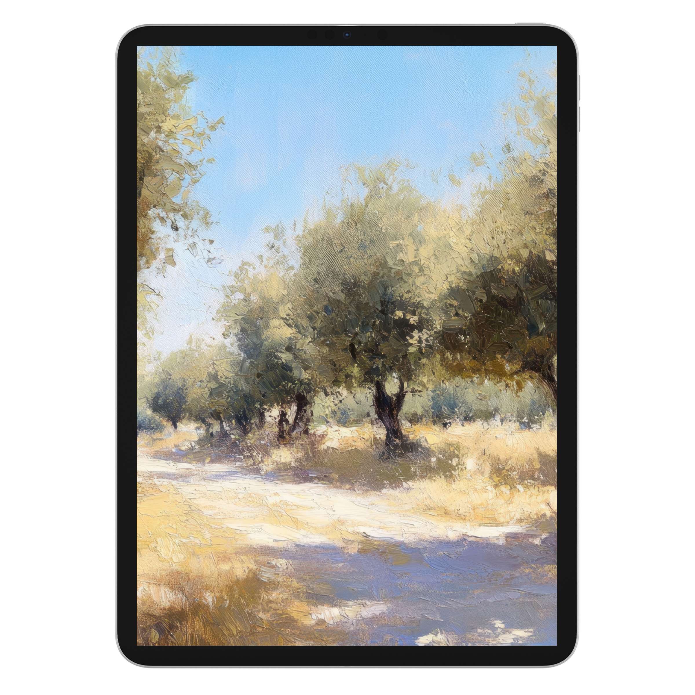 Elegant digital download of a serene tree iPad wallpaper with an impressionist style, perfect tablet background for calm focus