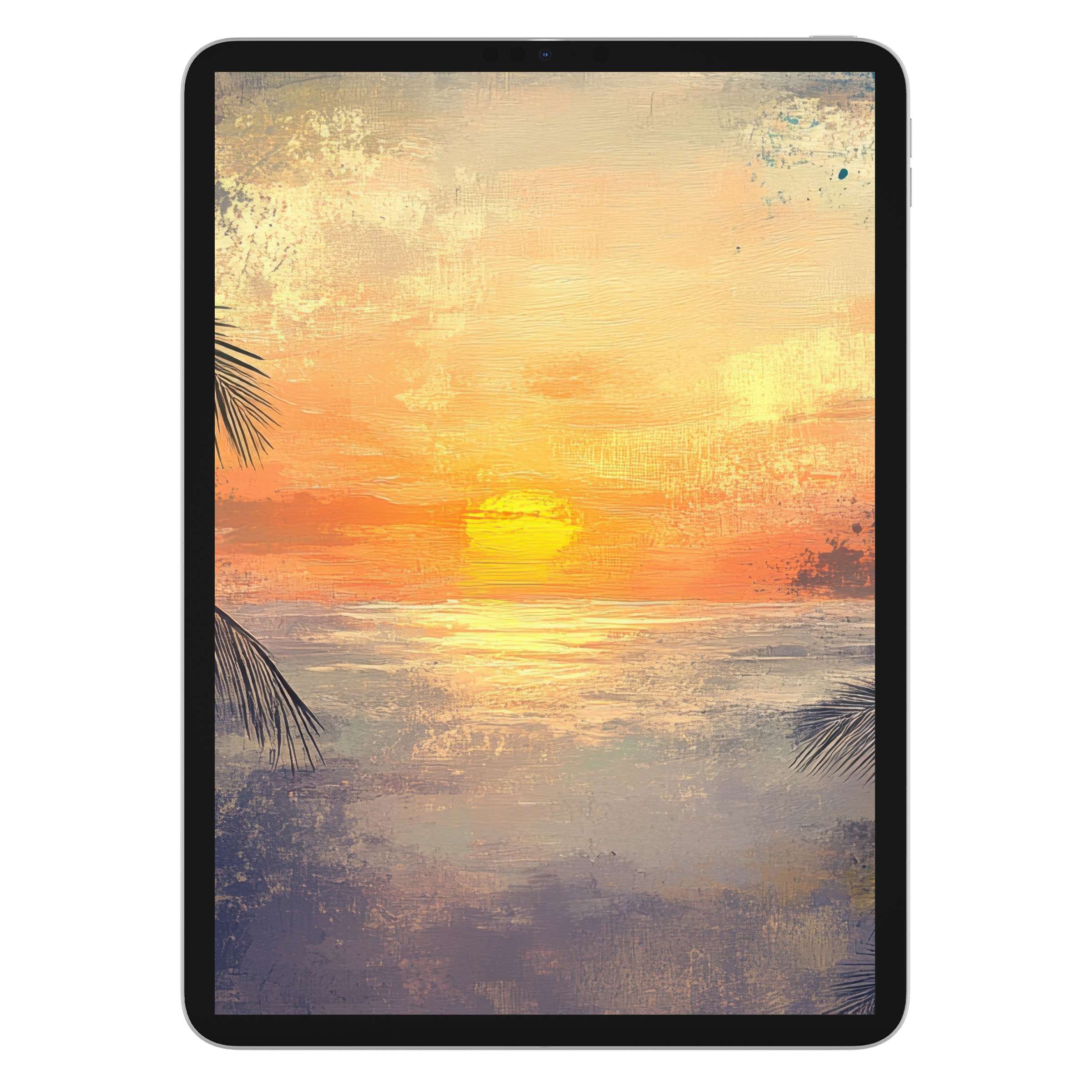 Inspiring tree iPad wallpaper with a serene sunset painting, perfect digital download for elegant tablet backgrounds and calming designs