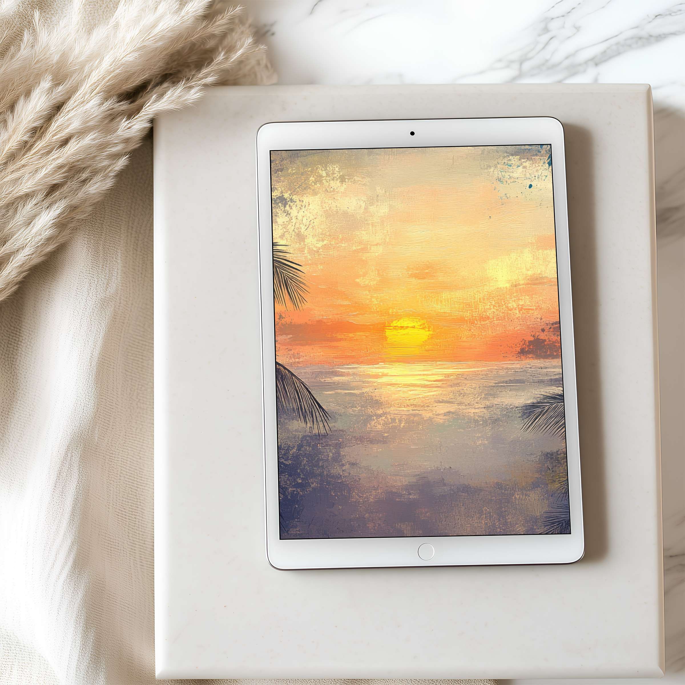 Elegant sunset art tablet wallpaper in high resolution showcases serene coastal hues and nature, ideal for iPad and Android downloads