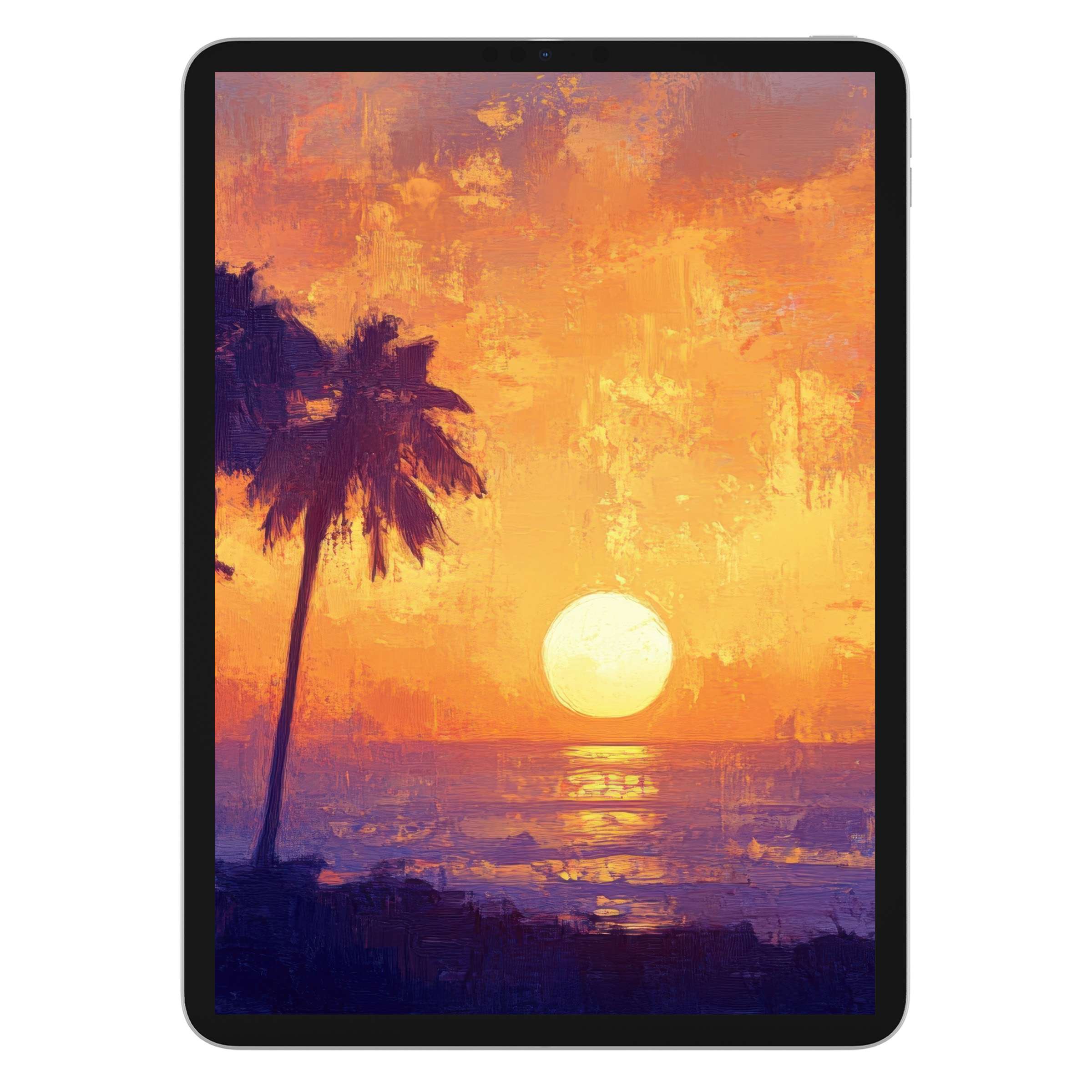 Sunset tree iPad wallpaper offers a serene digital download, painting-inspired background for iPad and Android tablet use