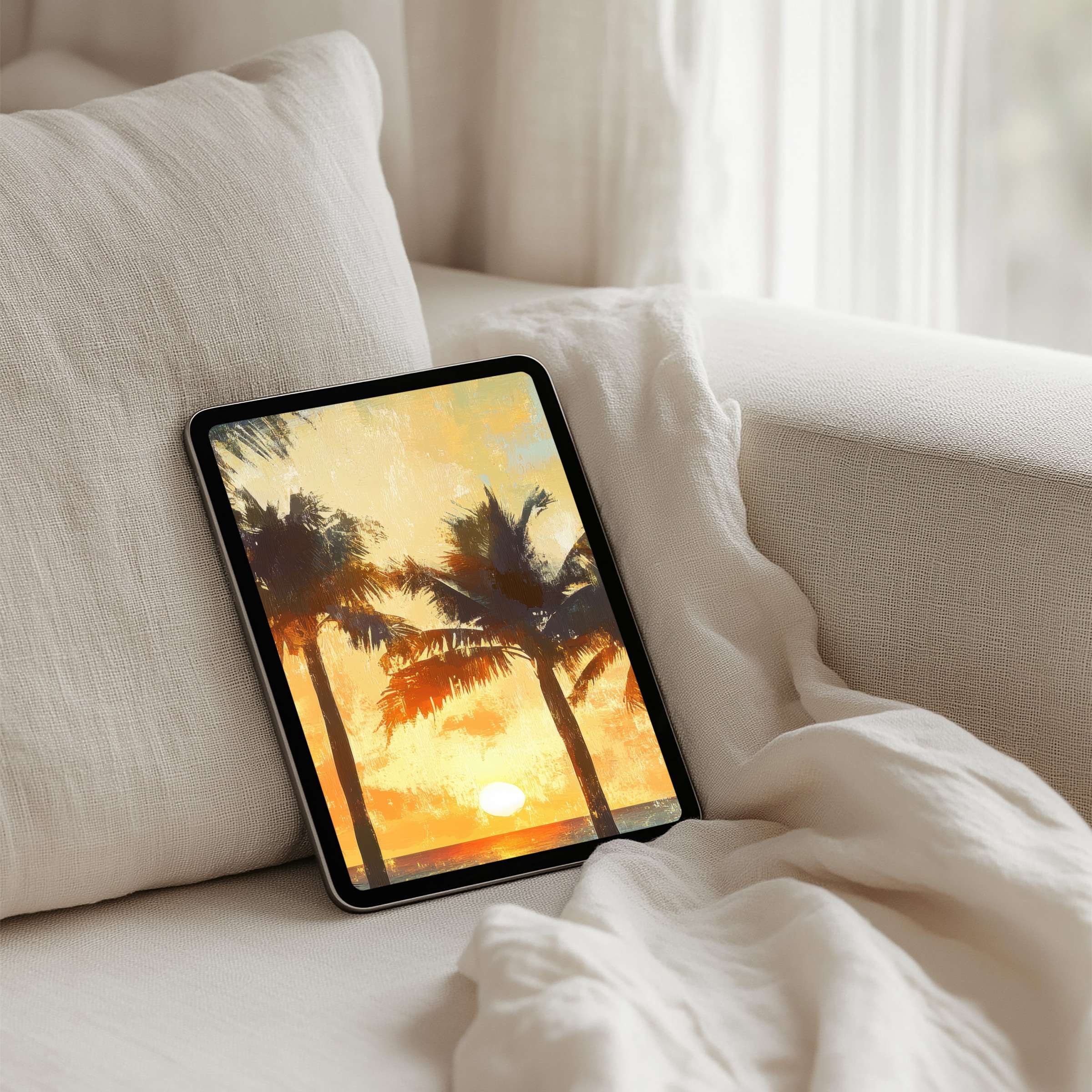 Serene sunset with palm trees iPad background for instant download fits Samsung and Android tablets creating calm and elegance